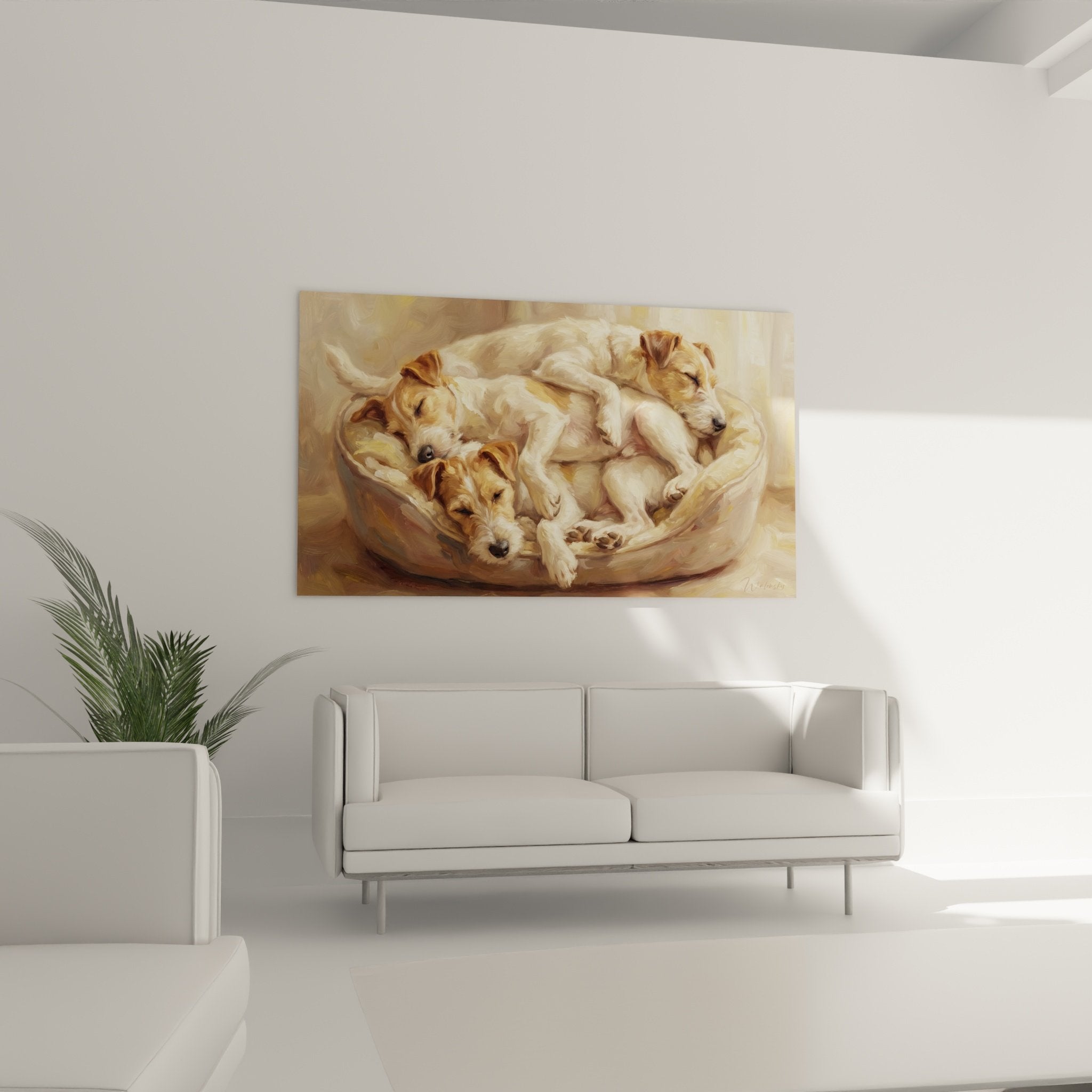 Détail peinture Fox Terriers pelage roux textures soyeuses technique impressionniste lumière douce