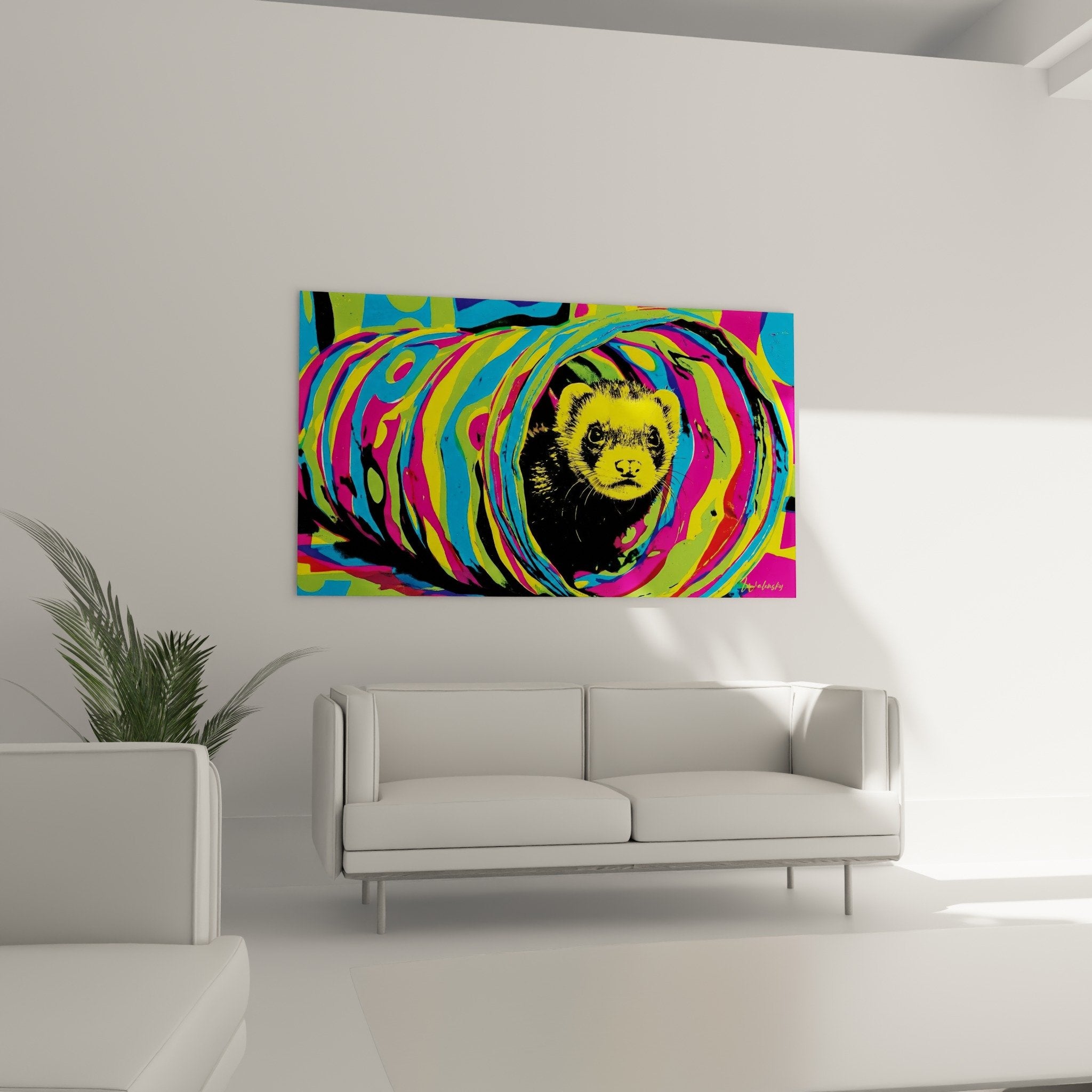 Detail furet jaune dore texture spirales fuchsia bleu vert lime art pop serigraphie