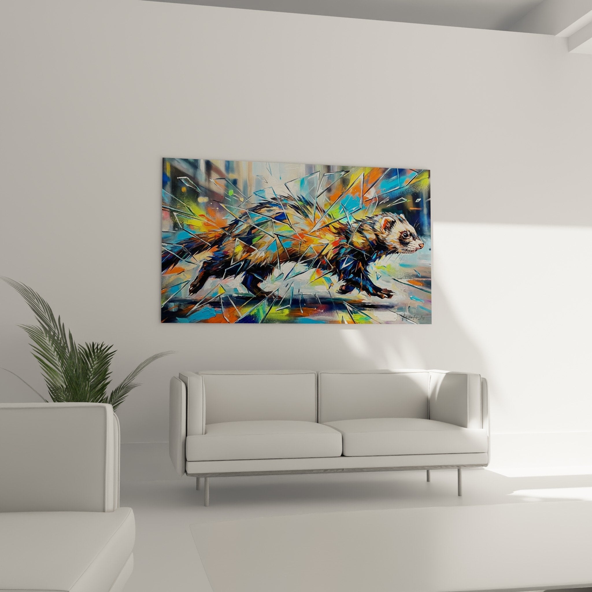 Detail Frettchen Kunstwerk kristalline geometrische Spritzer Blau Orange moderne Street-Art-Technik