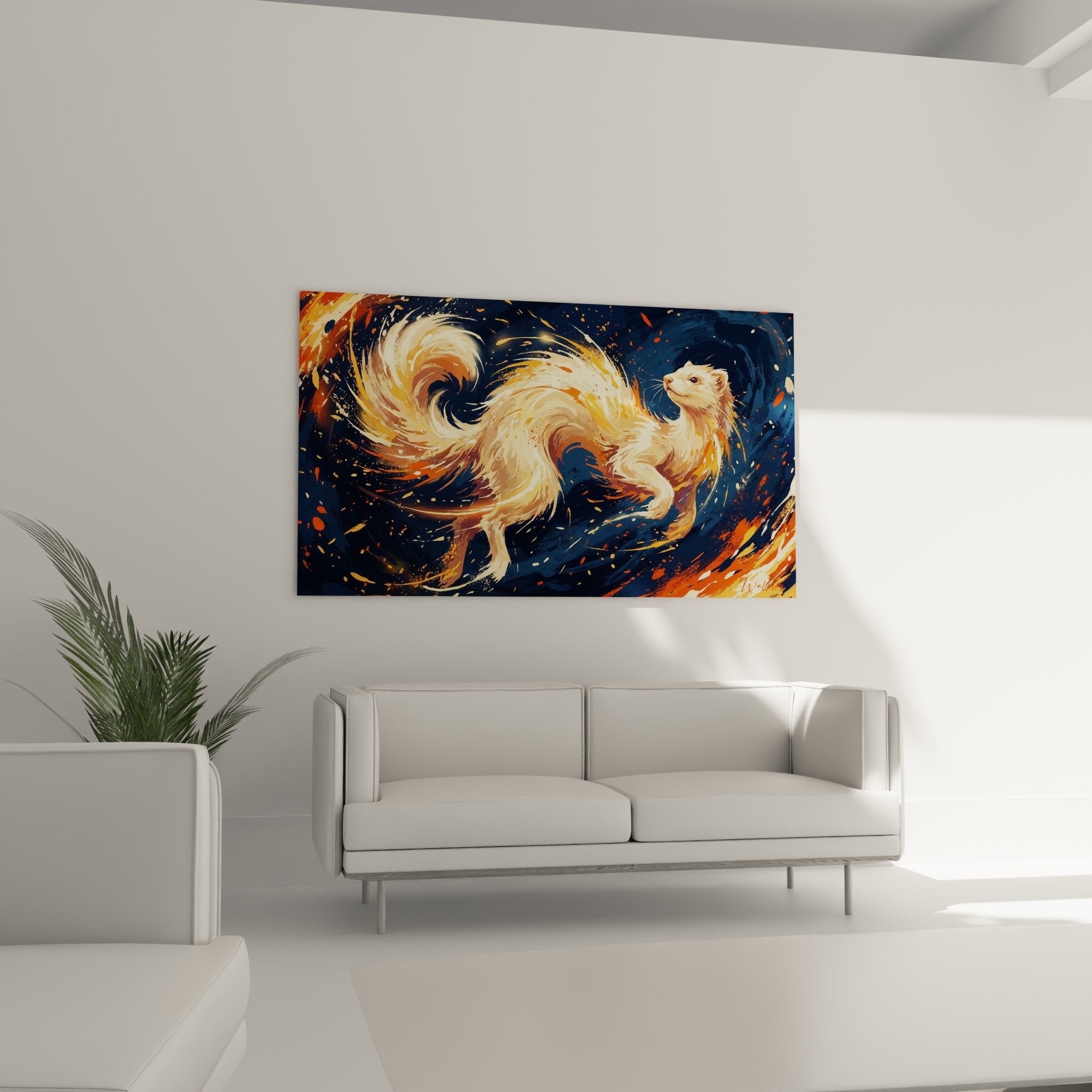 Nahaufnahme Kunstwerk Frettchen golden glänzendes Fell blaue Spiralen orange Spritzer ausdrucksstarke malerische Textur