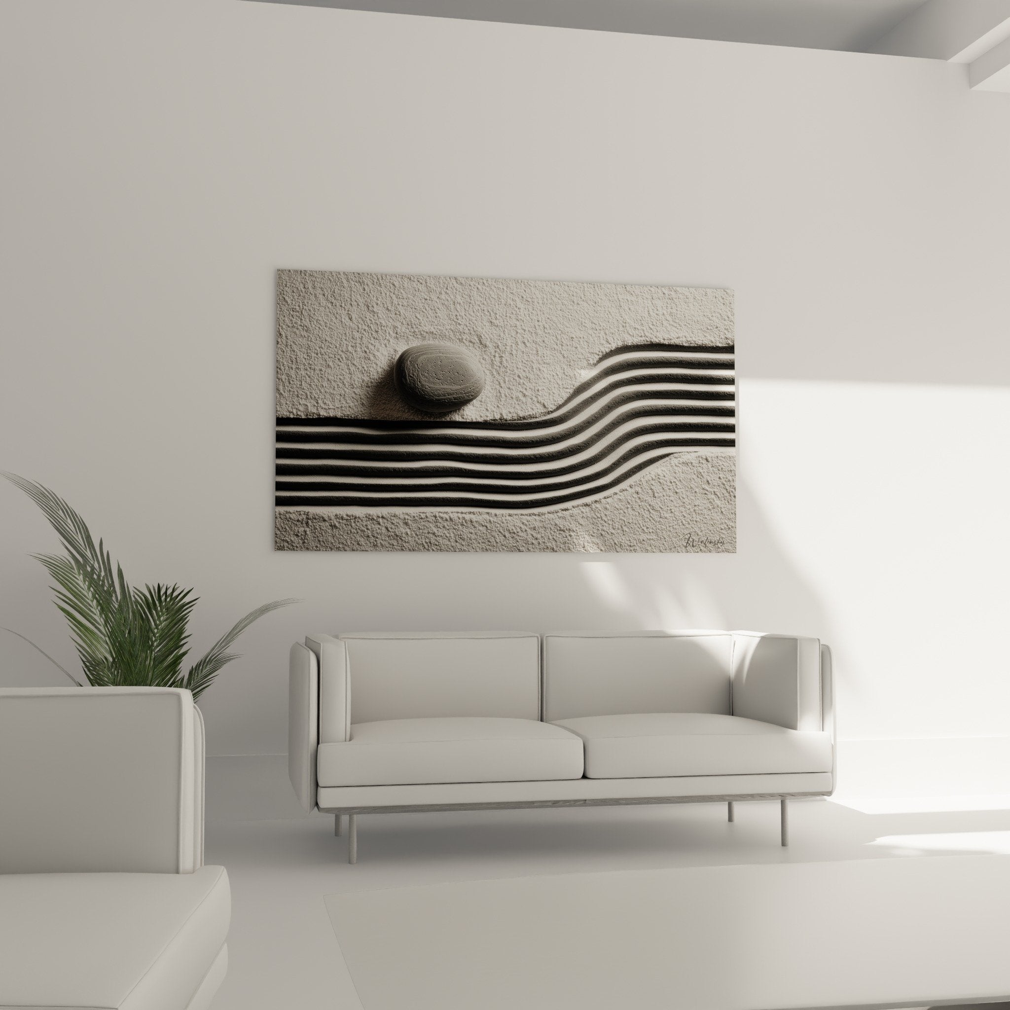 close-up detail polished pebble sinuous lines sandy texture grainy nuances grey tones zen artwork