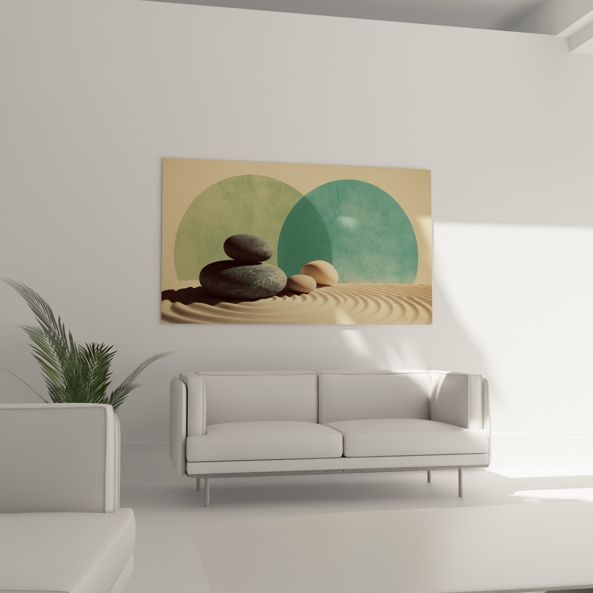 Détail galets anthracite et beiges empilés sur sable doré texture minérale zen