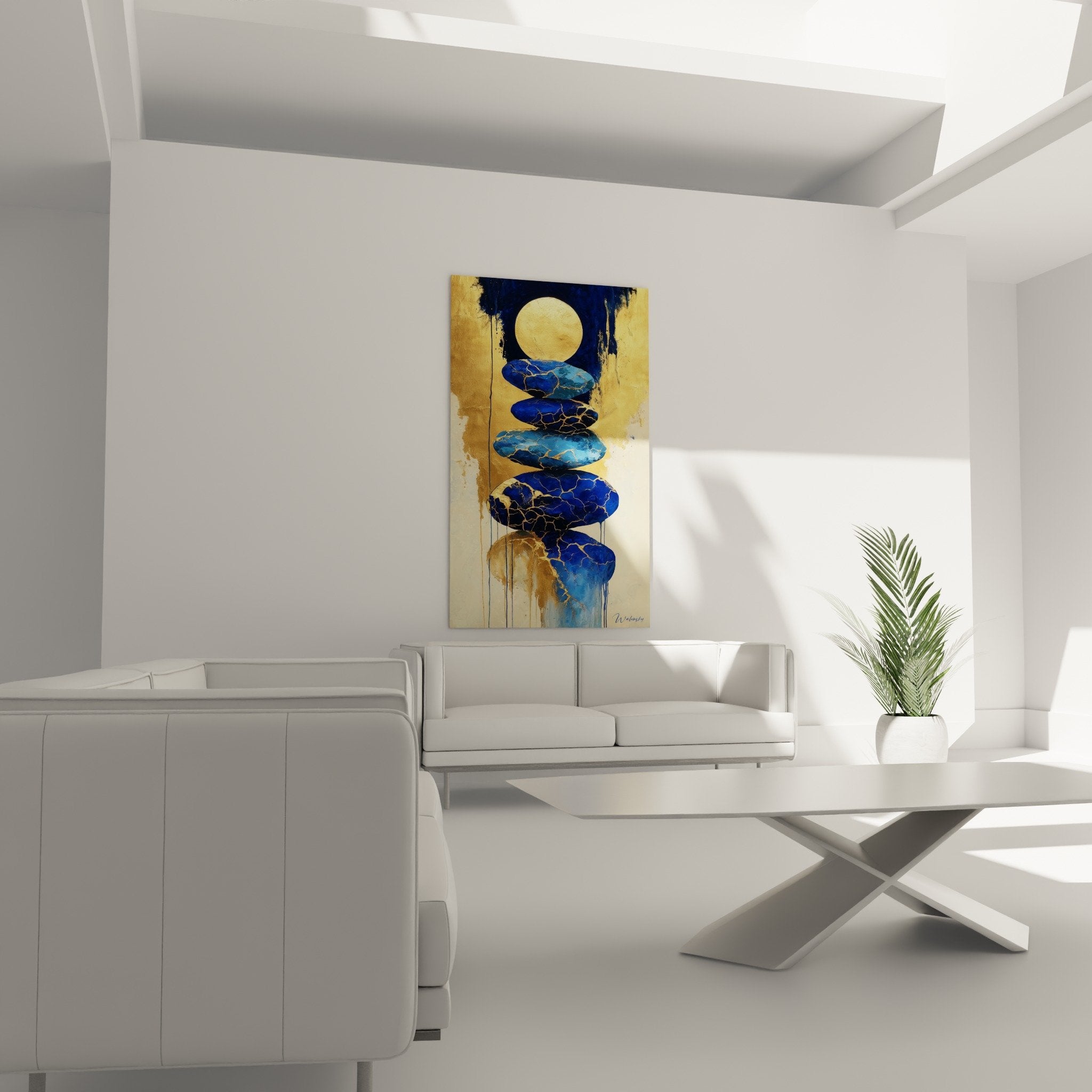 Détail galets bleus aux craquelures dorées - texture kintsugi feng shui nord eau