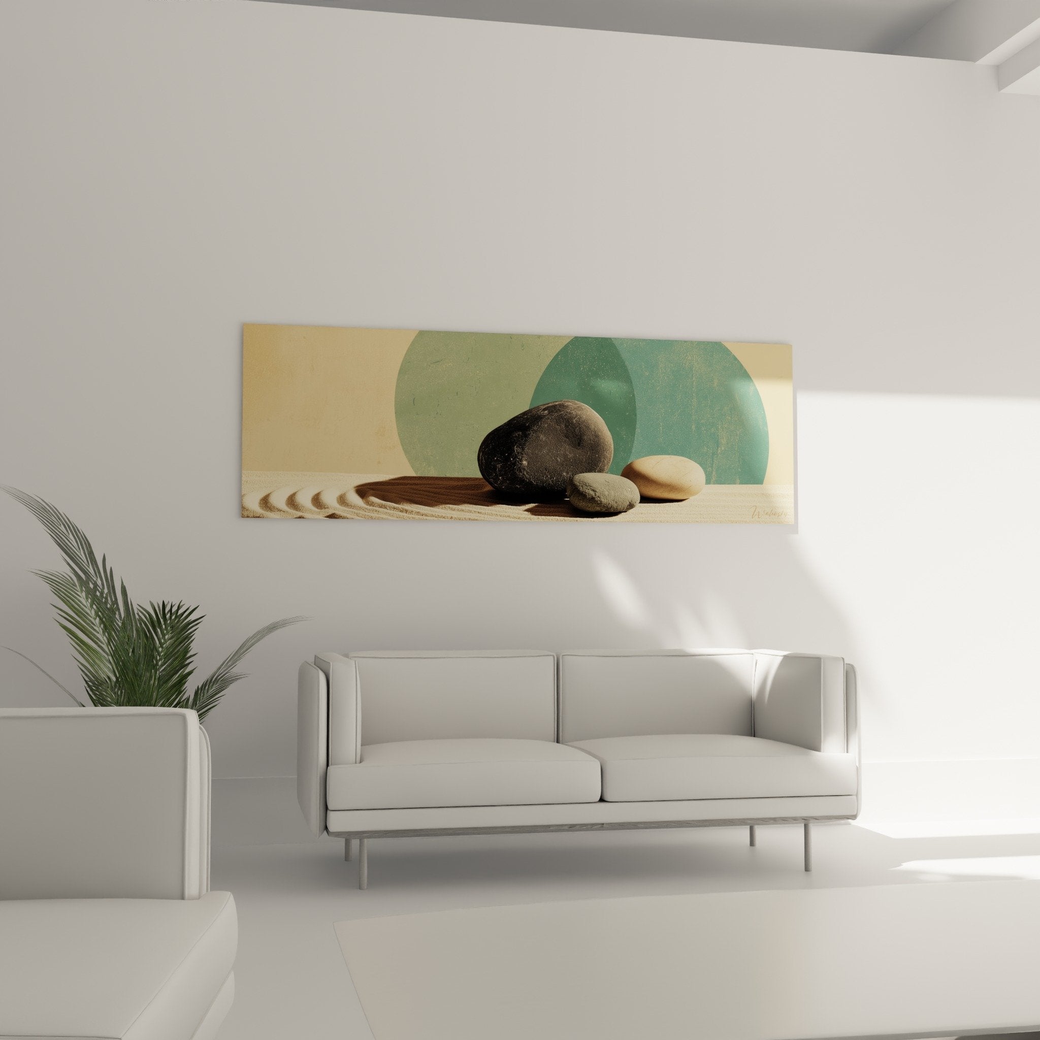 Détail galets naturels polis sur sable texturé avec motifs ondulés, matières organiques et nuances beige noir