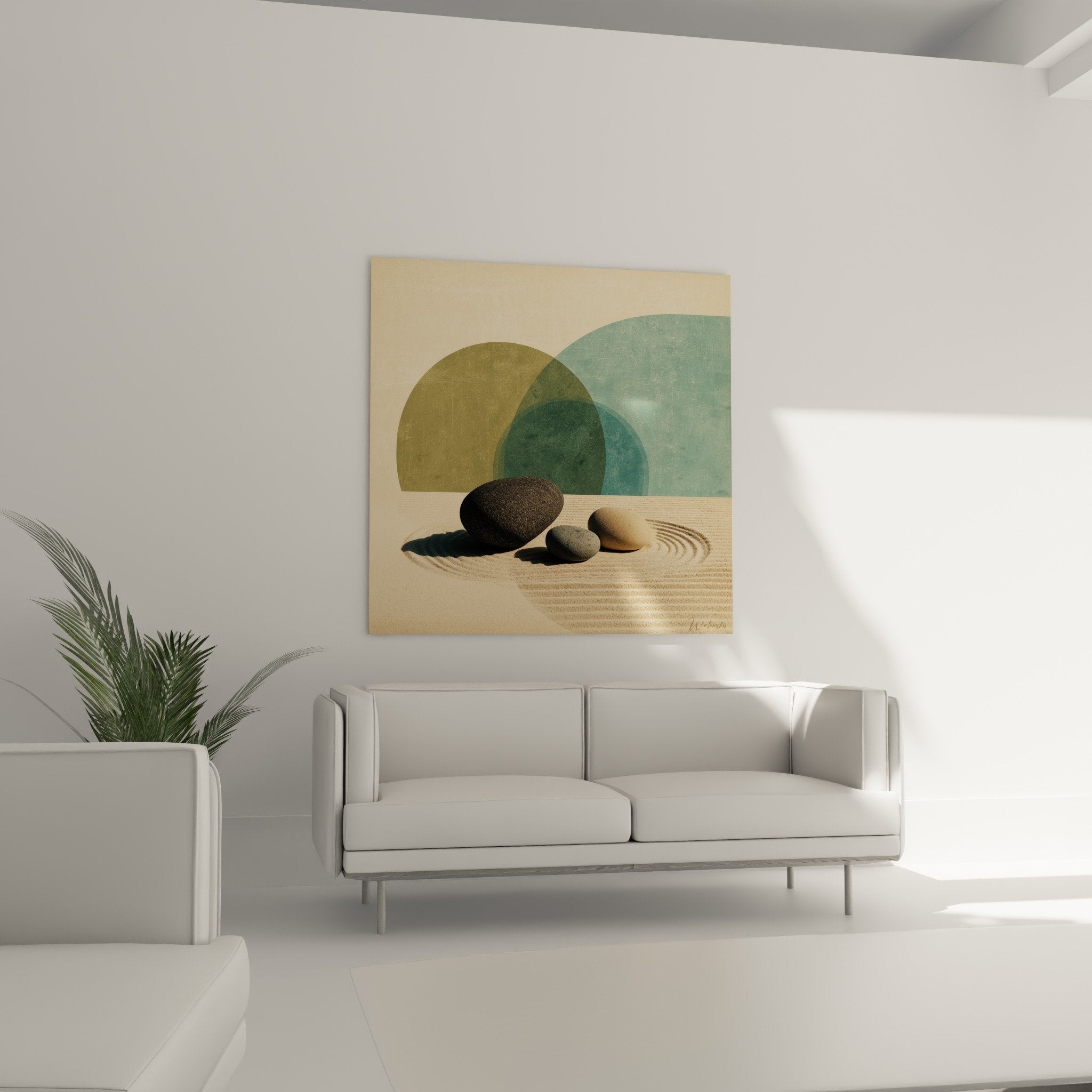 detail galets naturels sable strie composition zen art abstrait geometrique turquoise