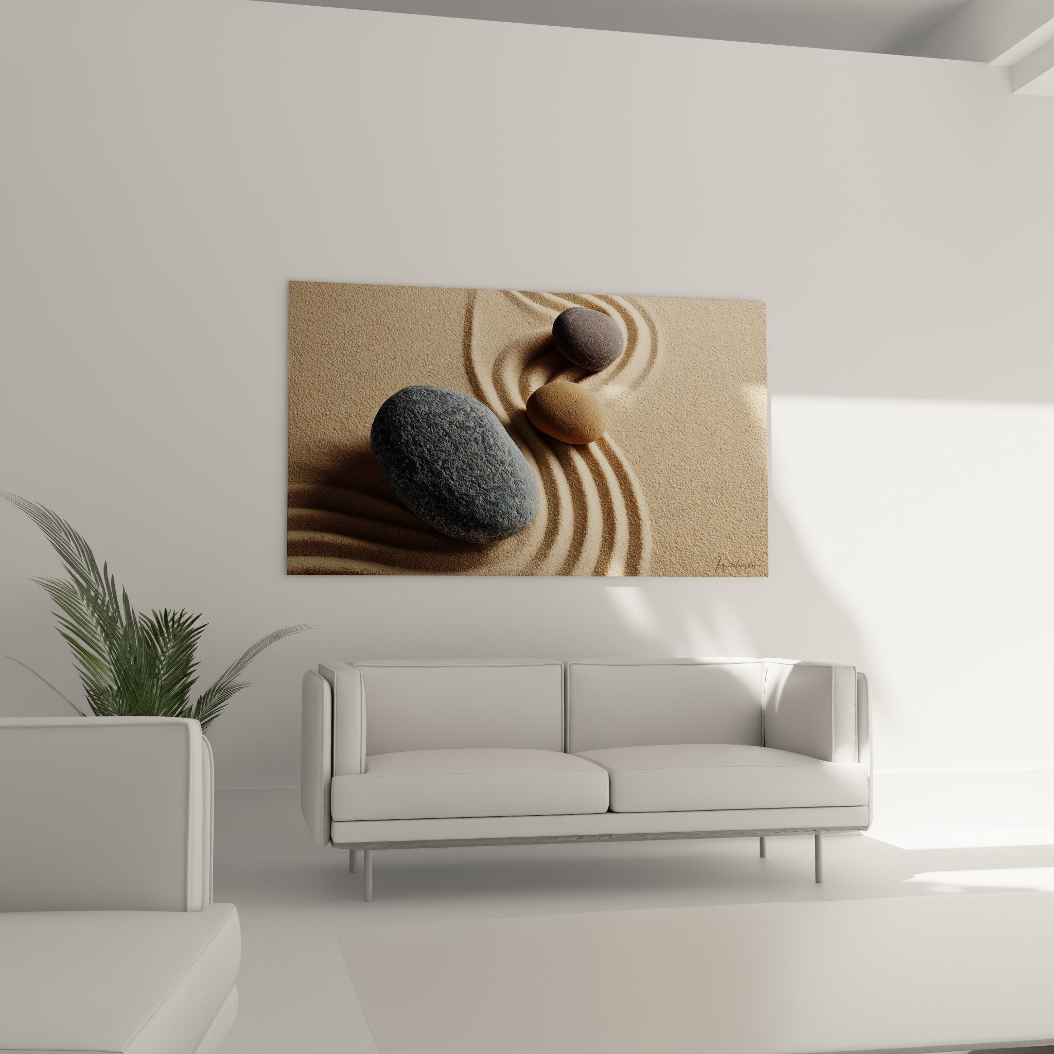 Détail composition zen galets texturés sur sable finement ondulé - art minéral pour décoration apaisante