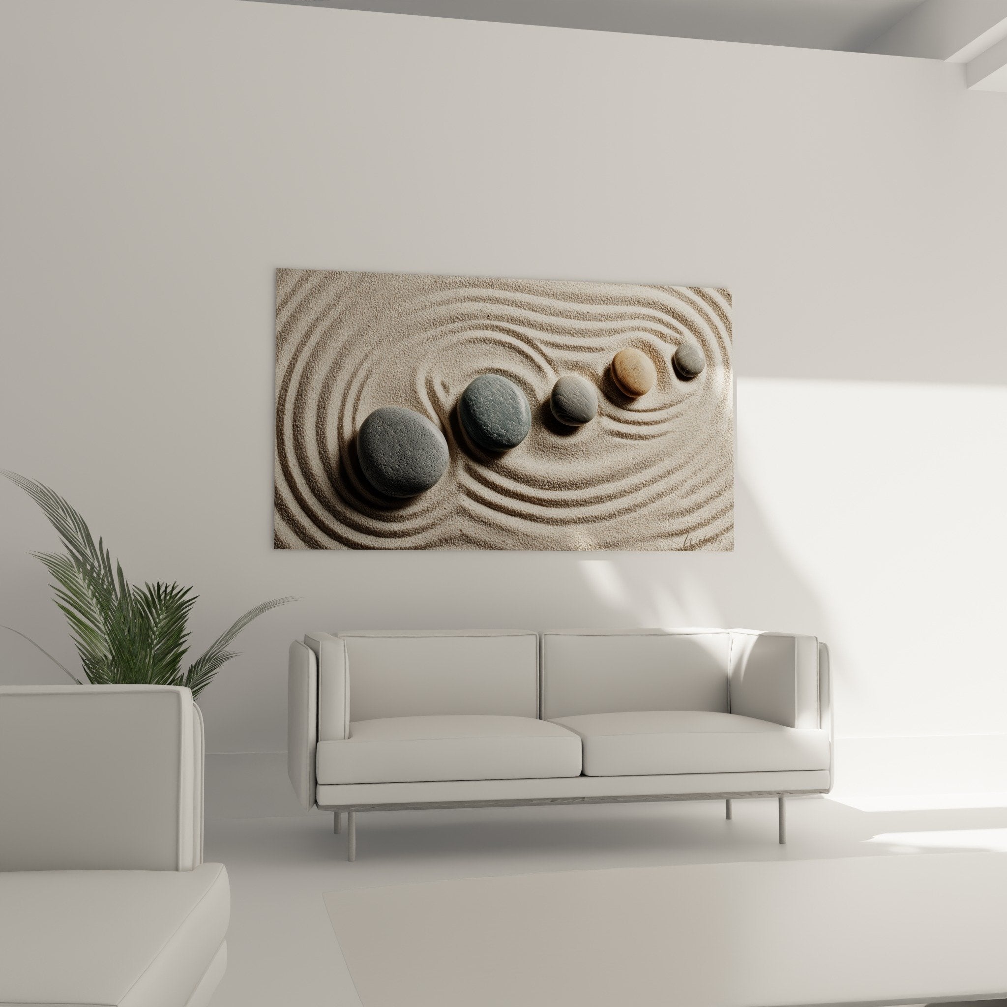 Détail rapproché des galets zen et texture fine du sable avec motifs circulaires sculptés à la main