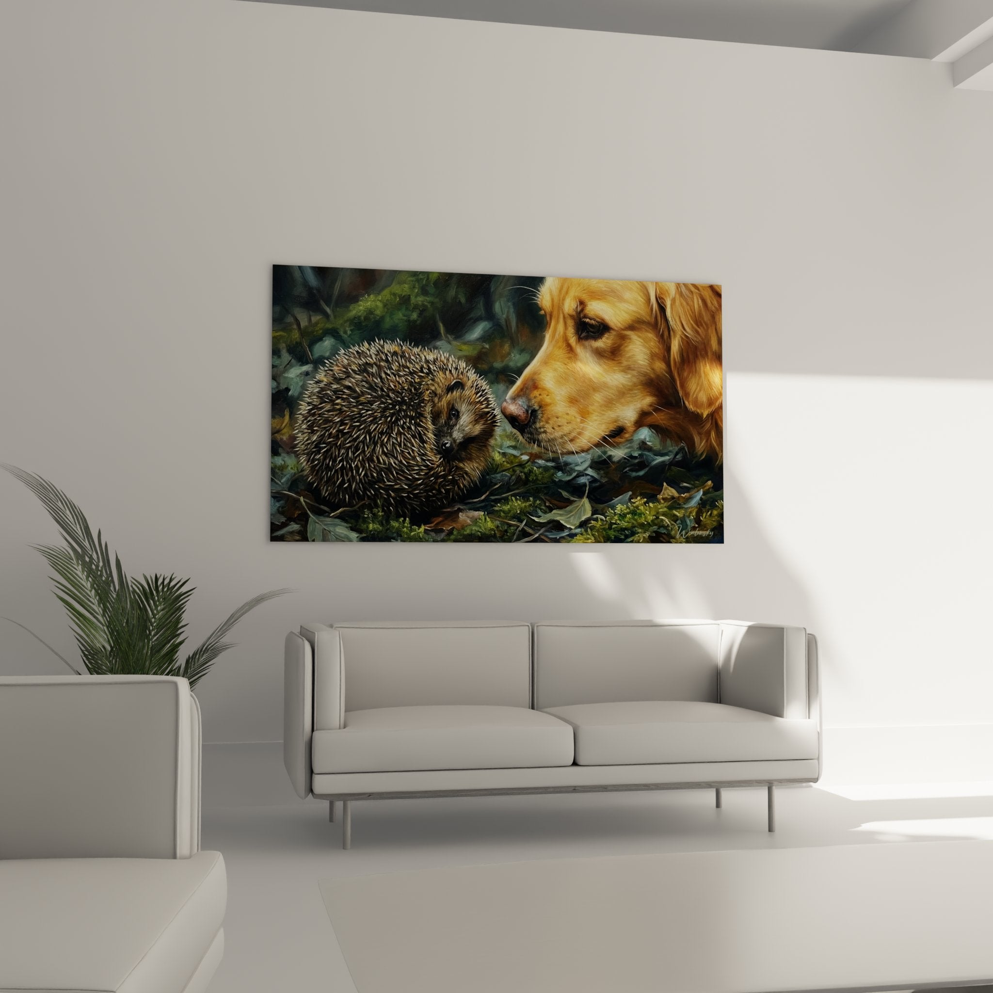 Gros plan sur les détails du Golden Retriever doré et du hérisson aux épines brunes finement peintes