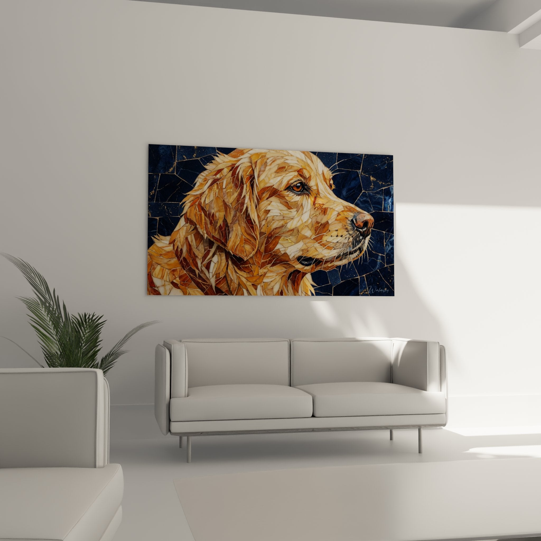 Dettaglio mosaico Golden Retriever occhio ambra pelame dorato tecnica artistica moderna