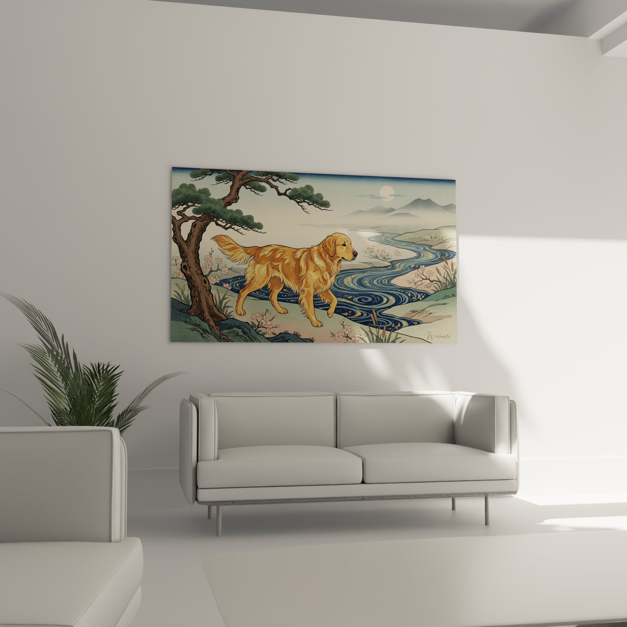 Dettaglio Golden Retriever con sfumature ramate e ambrate su sfondo di paesaggio orientale sereno