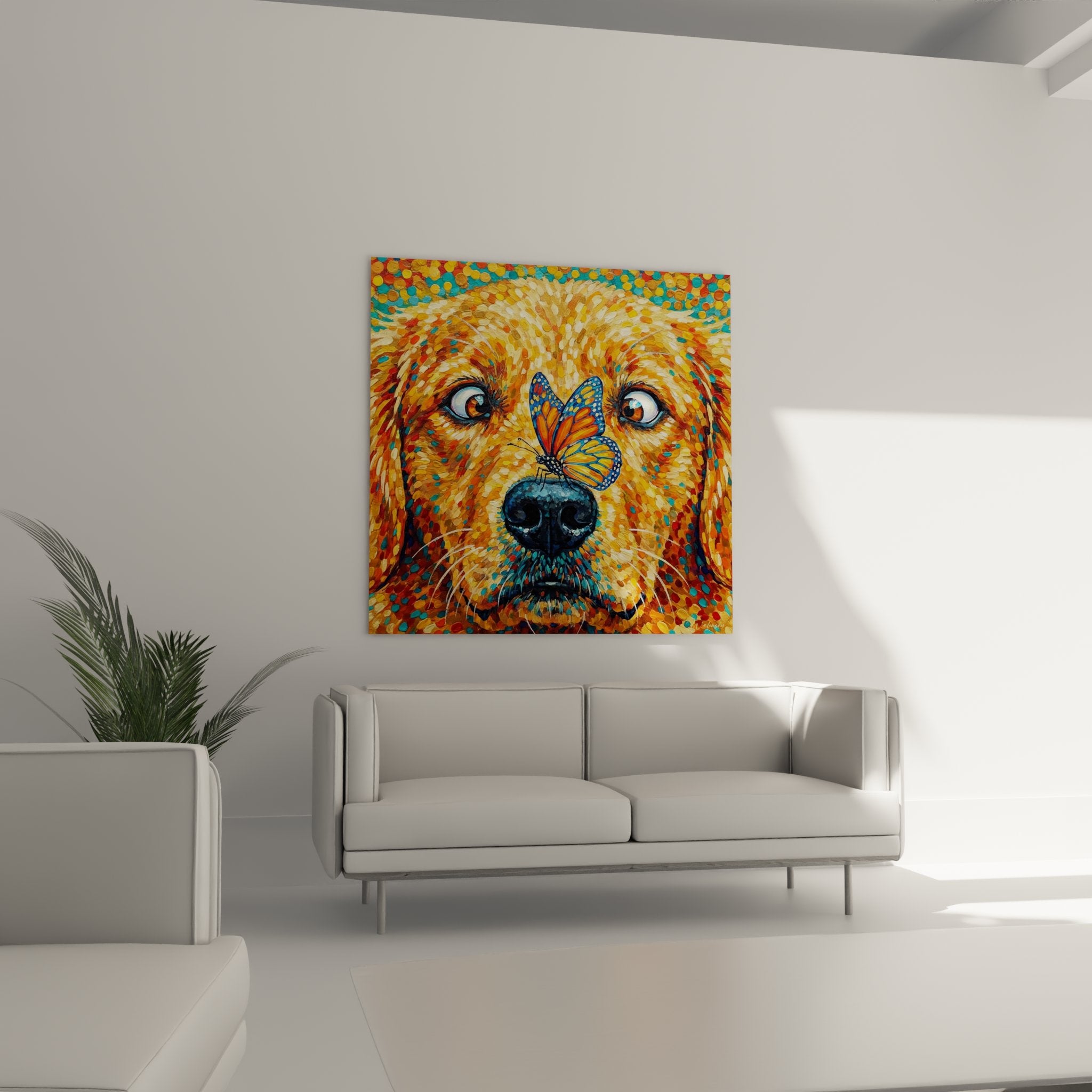 detailbild golden retriever ausdrucksstarke augen schmetterling schnauze pointillistische technik