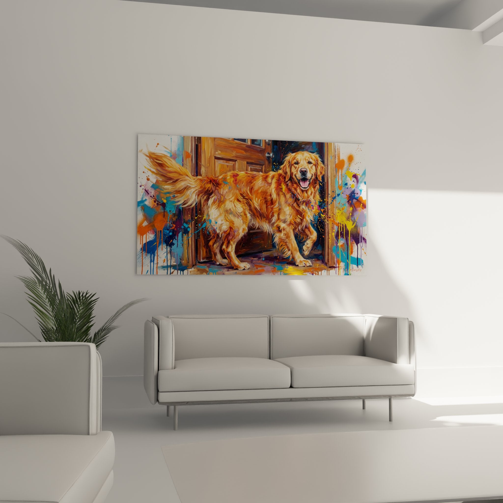 detail golden retriever pelage dore eclaboussures peinture bleue orange technique artistique moderne