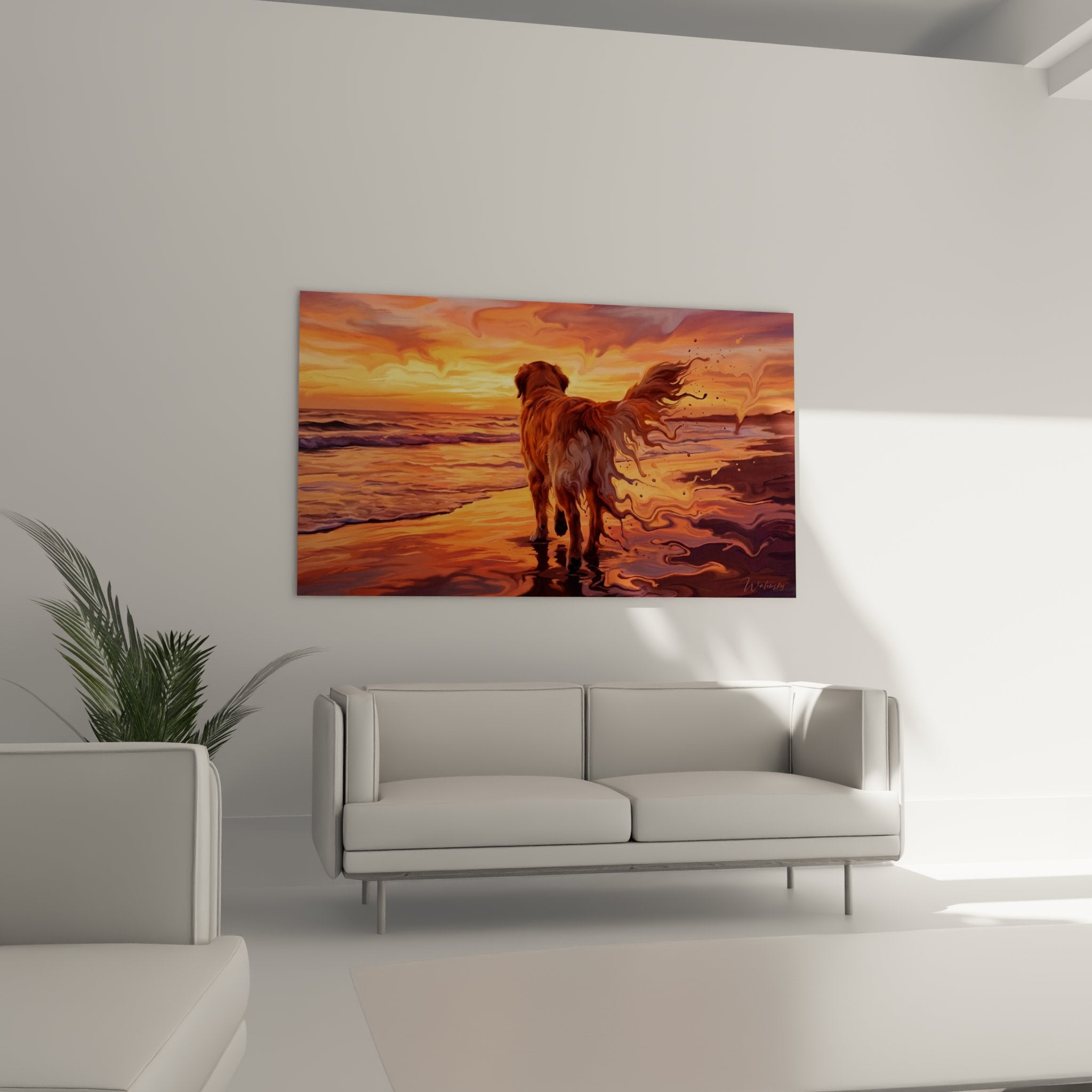 Detailansicht Gemälde Golden Retriever goldenes Fell Sonnenuntergangsreflexe Maltechnik