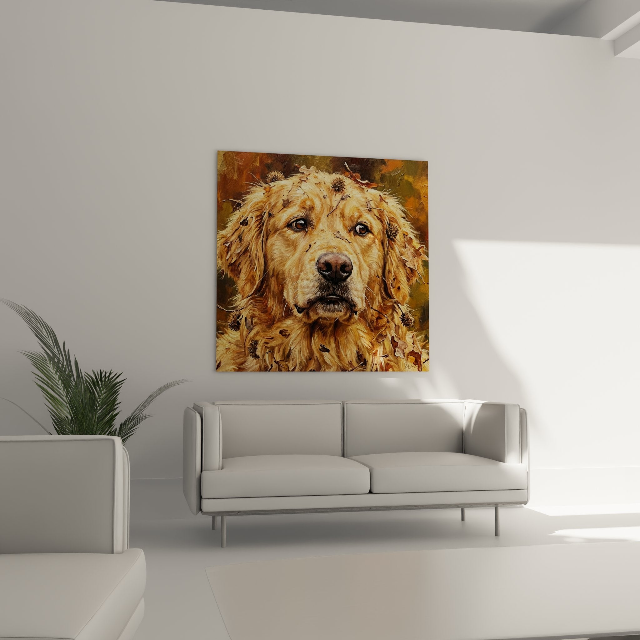 Détail rapproché Golden Retriever pelage doré feuilles érable glands texture organique regard profond brun
