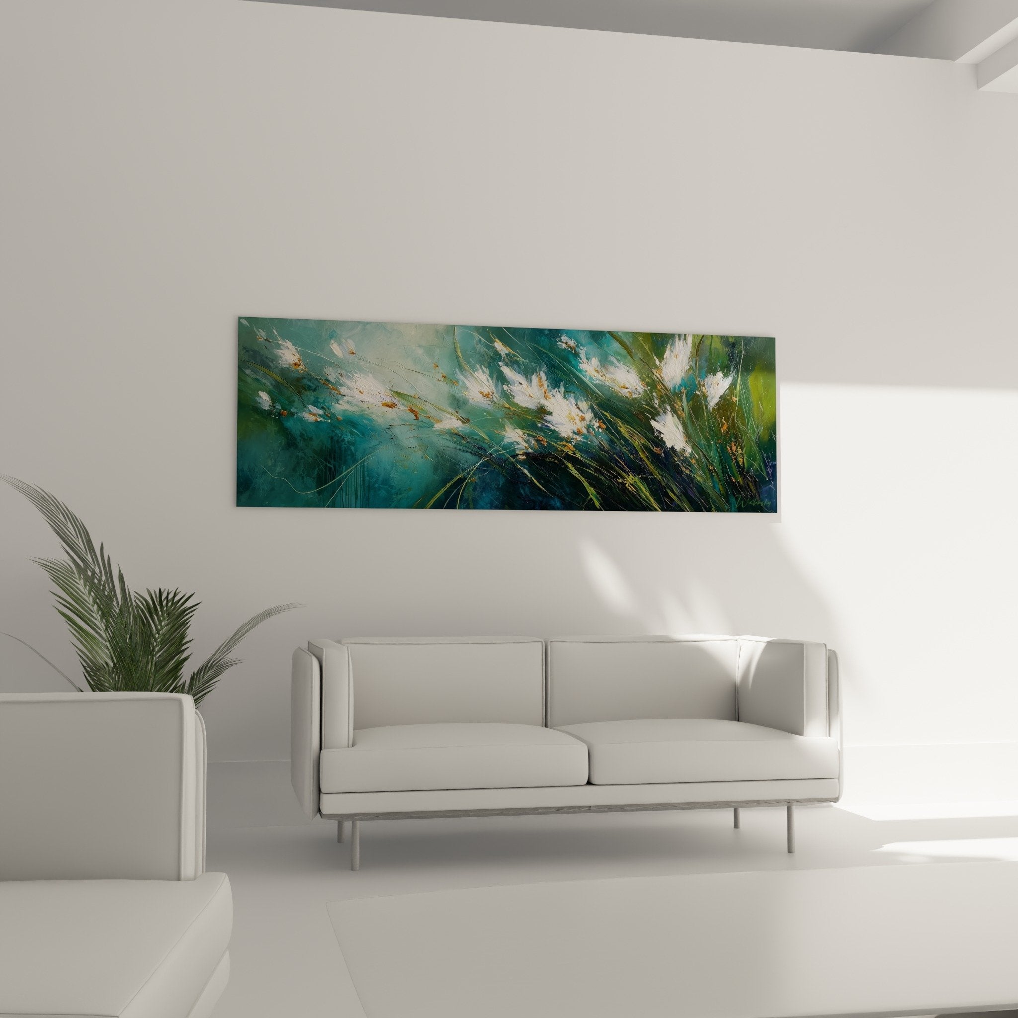 Détail tableau graminées éclats dorés touches blanches turquoise texture picturale herbes sauvages mouvement artistique