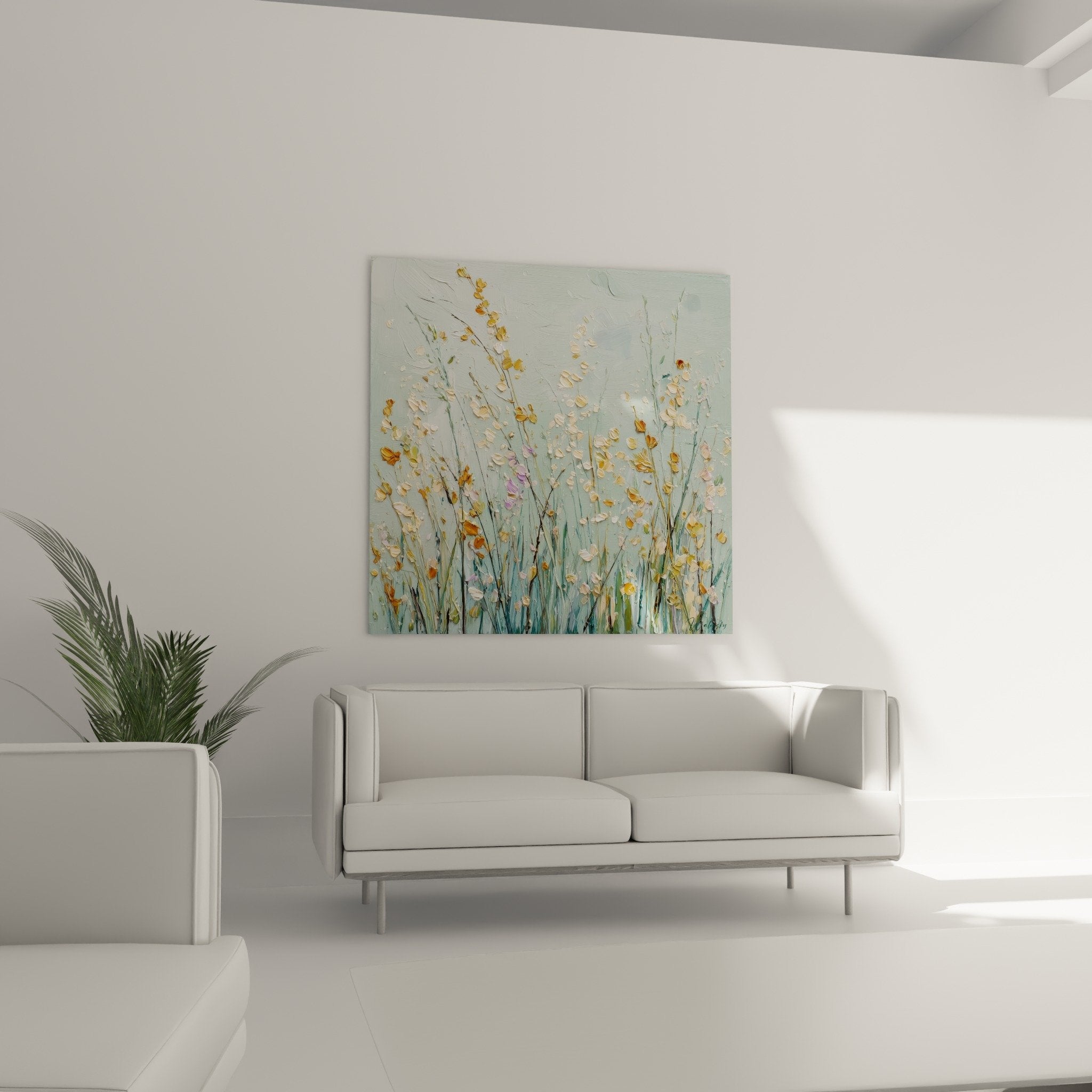 Détail peinture graminées empâtements épais fleurs dorées blanc nacré texture impressionniste gestuelle libre