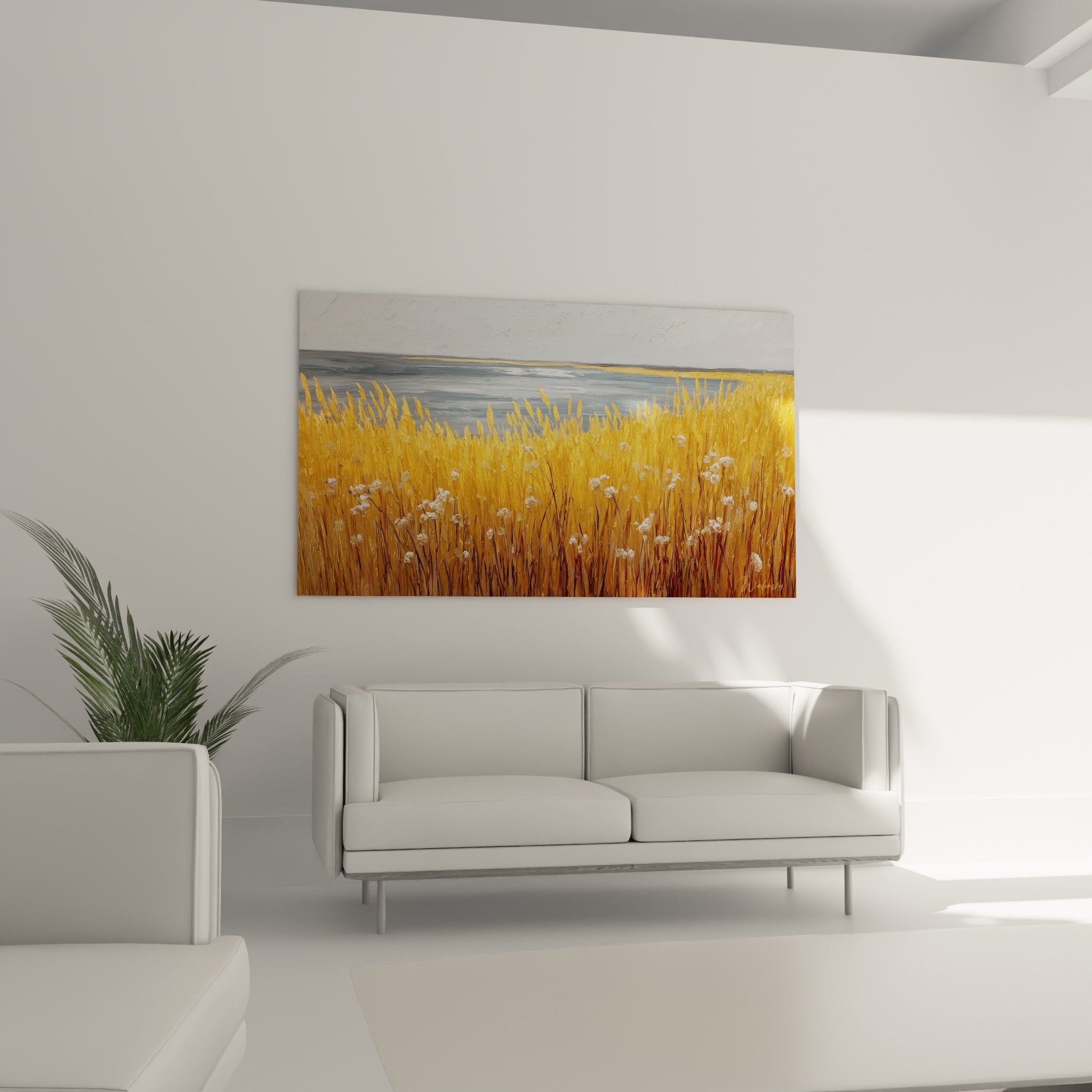 Détail tableau graminées dorées épis matures fleurs blanches cotonneuses texture naturelle
