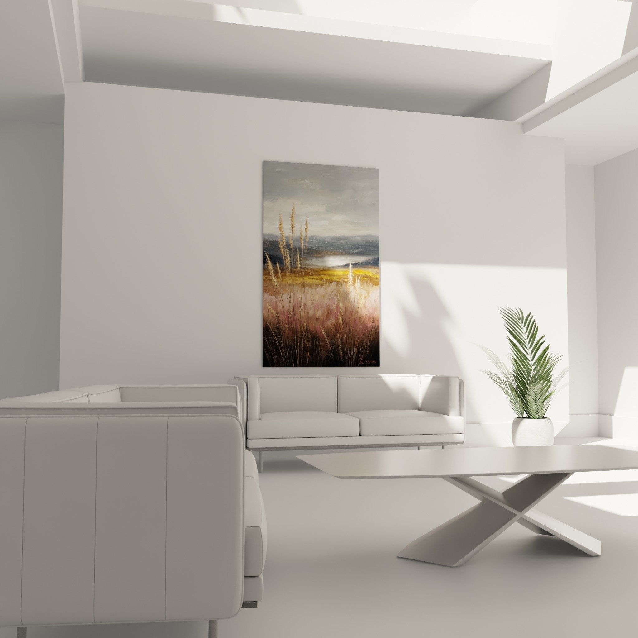 Grass painting detail showing golden texture and pink hues of tall painted grasses