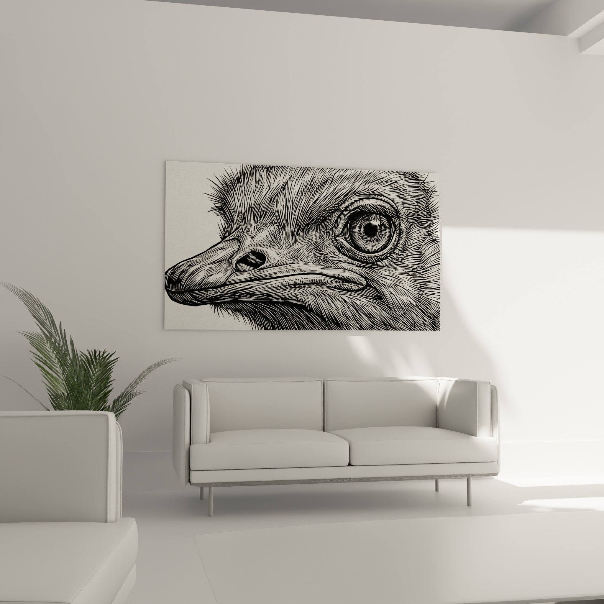 Detailgravur Strauß ausdrucksstarkes Auge präzise Schraffuren traditionelle Technik schwarzweiß