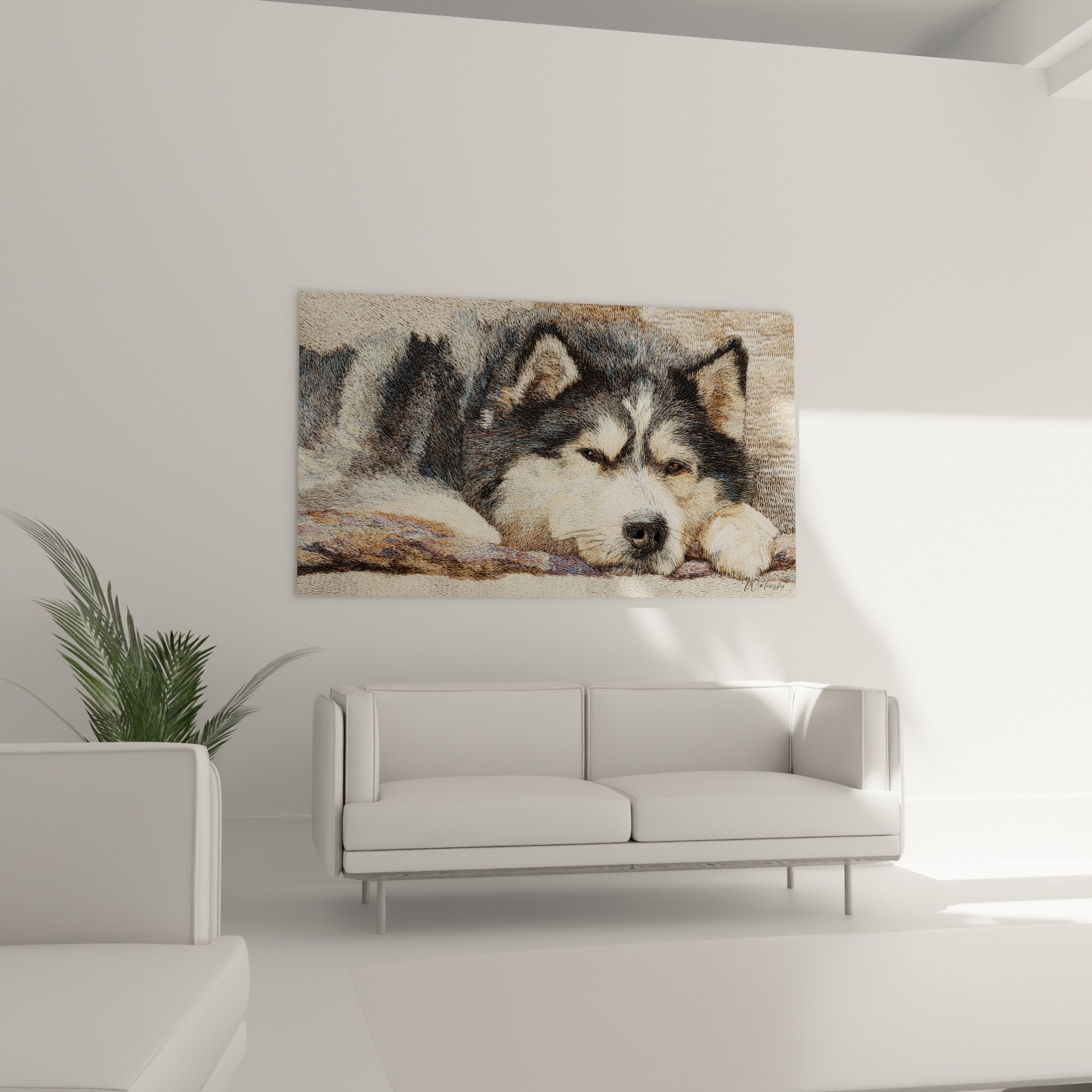 Detailgravur schlafender Alaskan Malamute Welpe, fein bearbeitete Textur aus grauem und cremefarbenem Fell