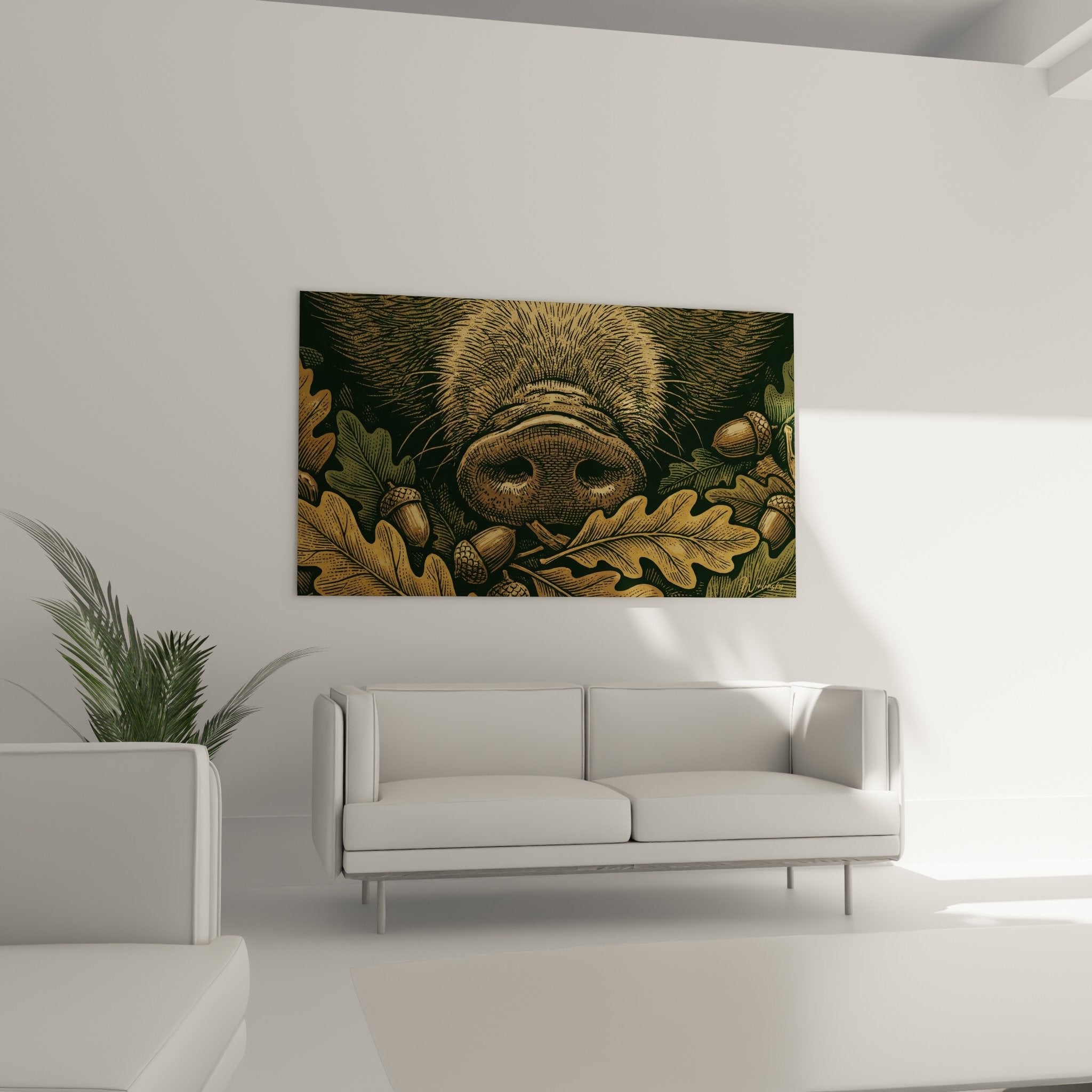 Detail der Schwein-Gravur mit zentralem Rüssel, goldenen Strahlen, Eichenblättern und Eicheln in präziser künstlerischer Technik