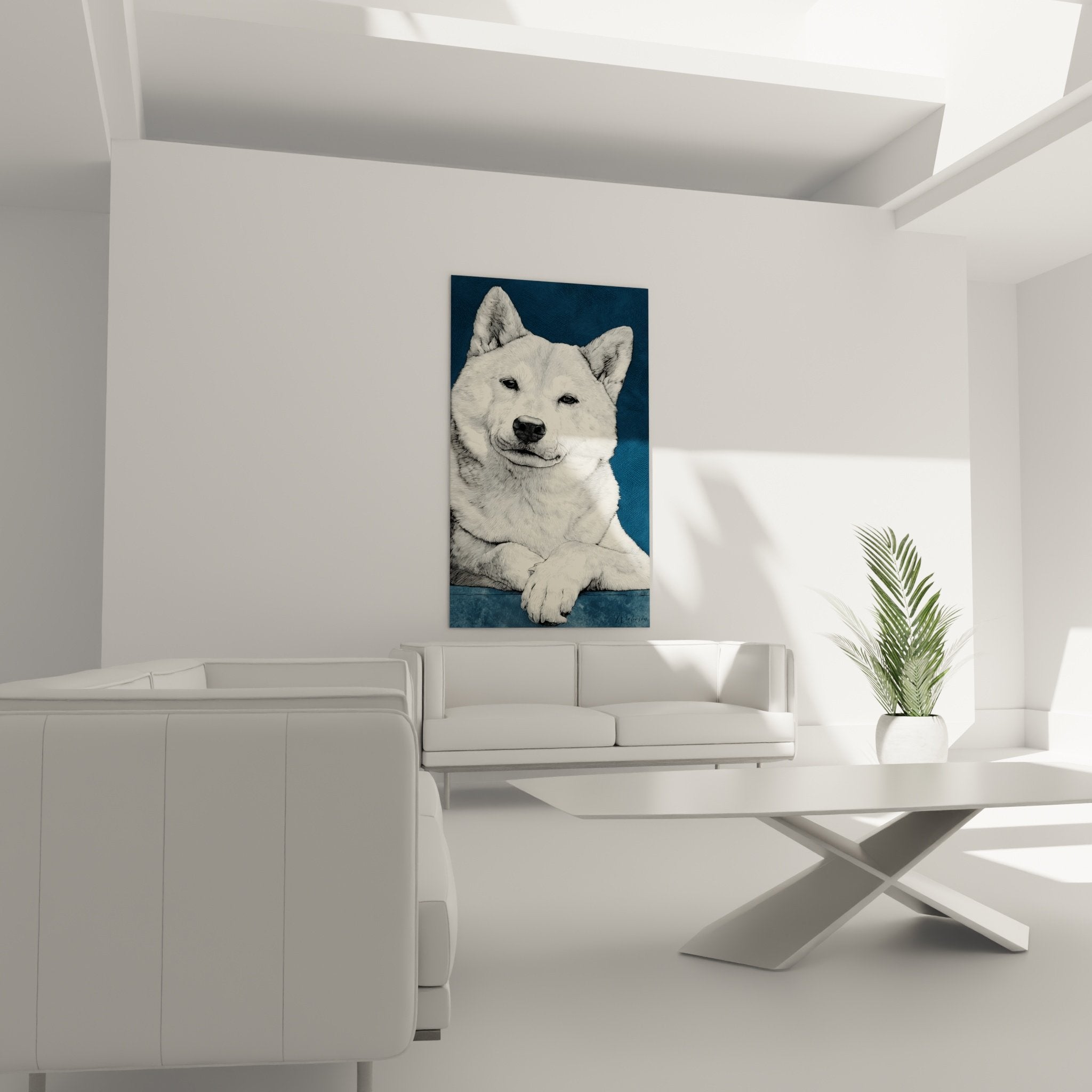 Détail gravure portrait Shiba Inu montrant finesse des traits et expression attendrissante du chien