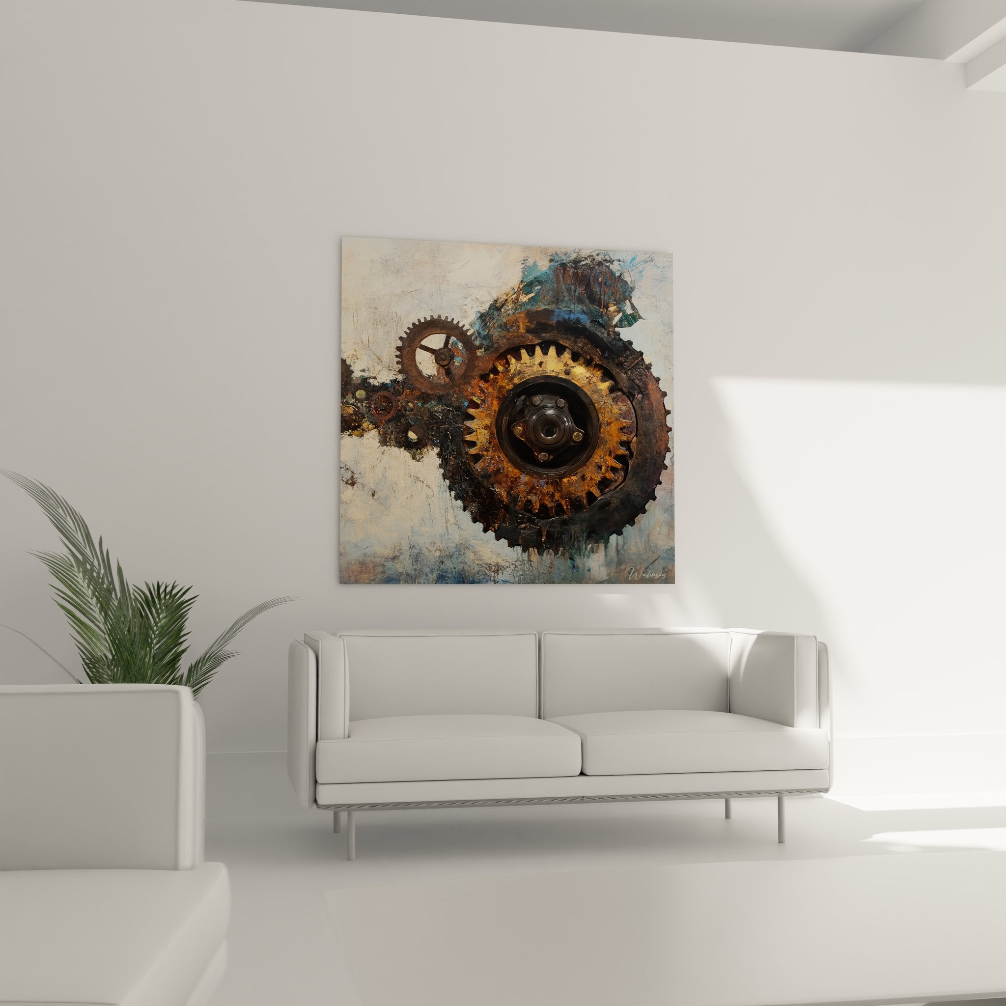 Gros plan détail engrenages rouillés dorés tableau industriel texture métallique patinée vintage