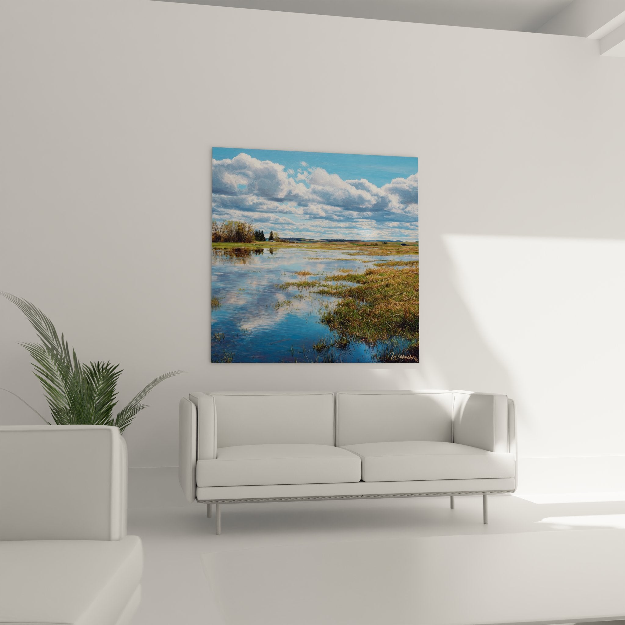 Détail gros plan tableau marécage montrant reflets eau et herbes aquatiques dorées