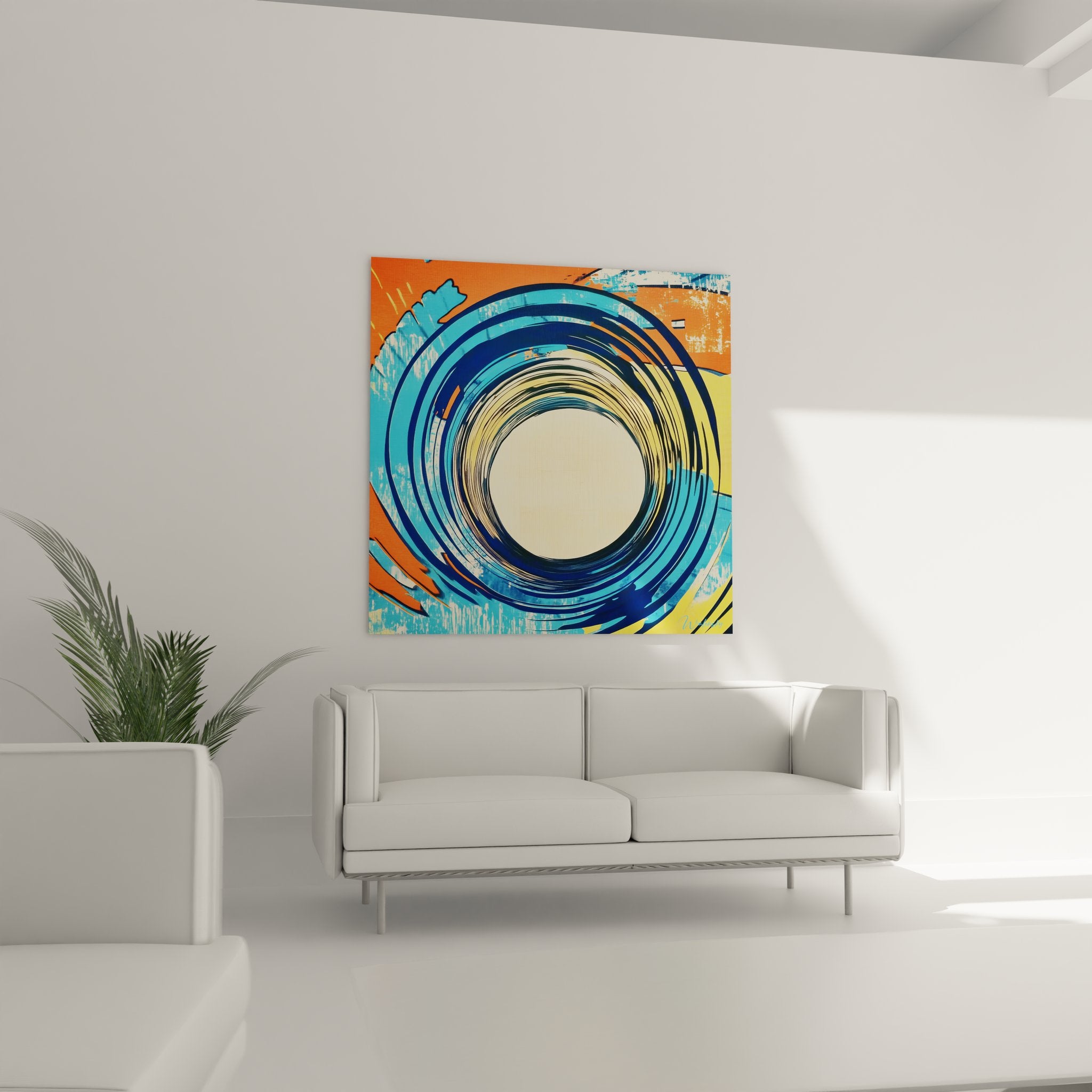 Gros plan détail tableau spirale abstraite montrant textures et nuances couleurs vives