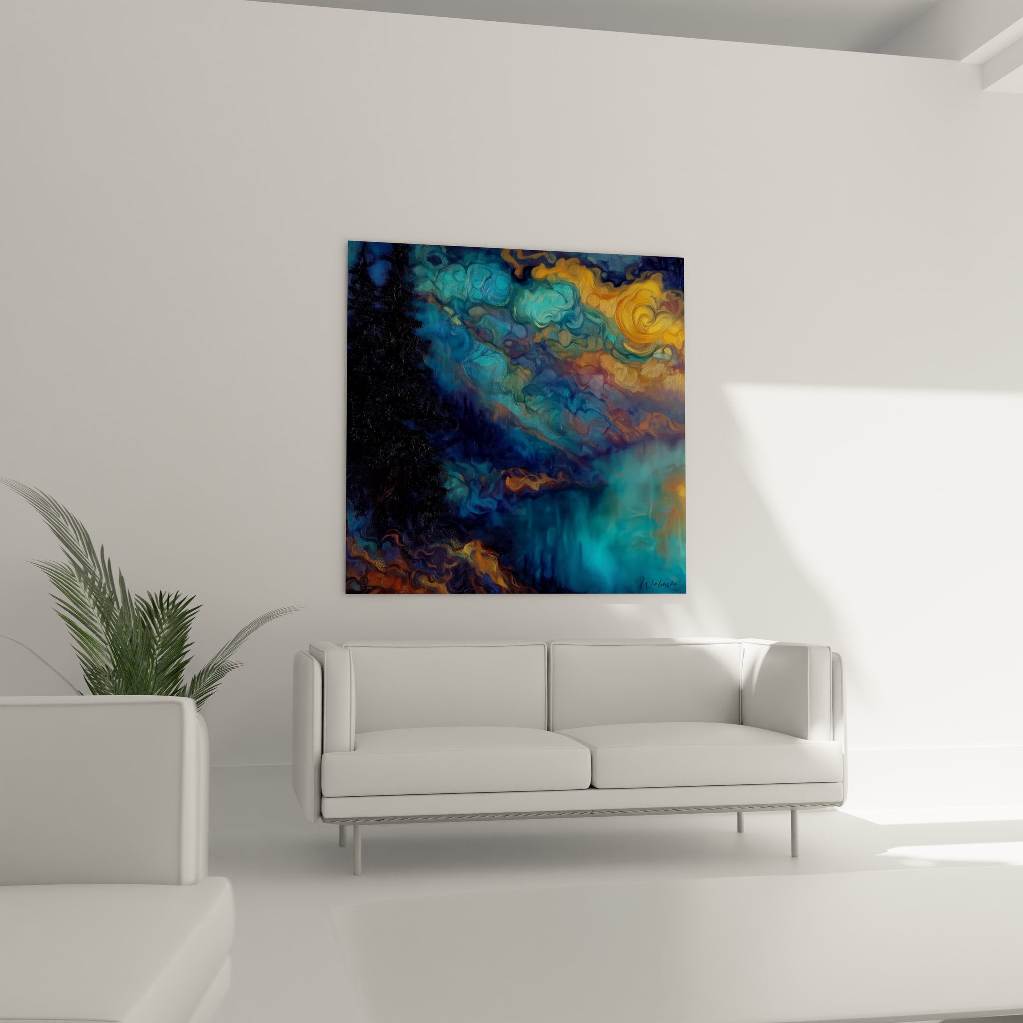 Gros plan détail tableau abstrait montrant textures et nuances colorées bleues dorées