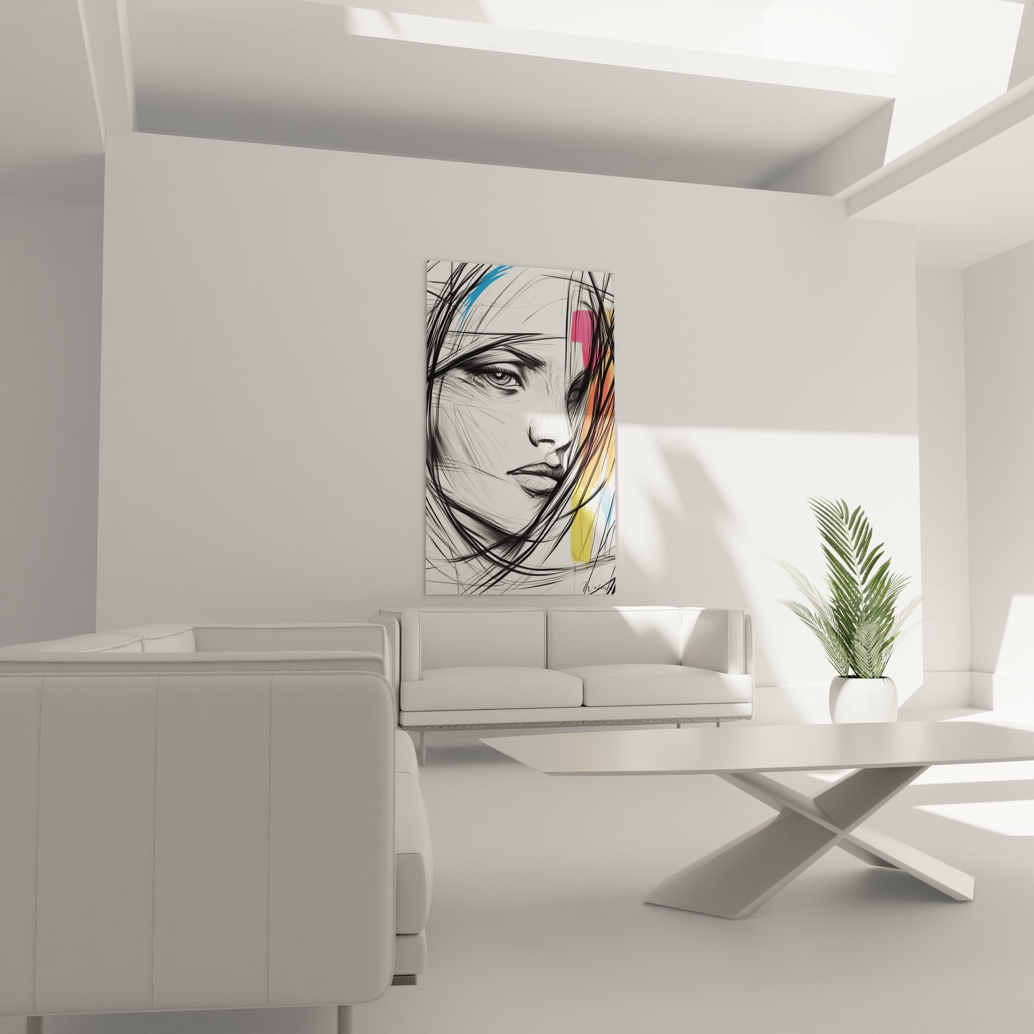 Gros plan détail tableau dessin portrait femme montrant technique traits colorés