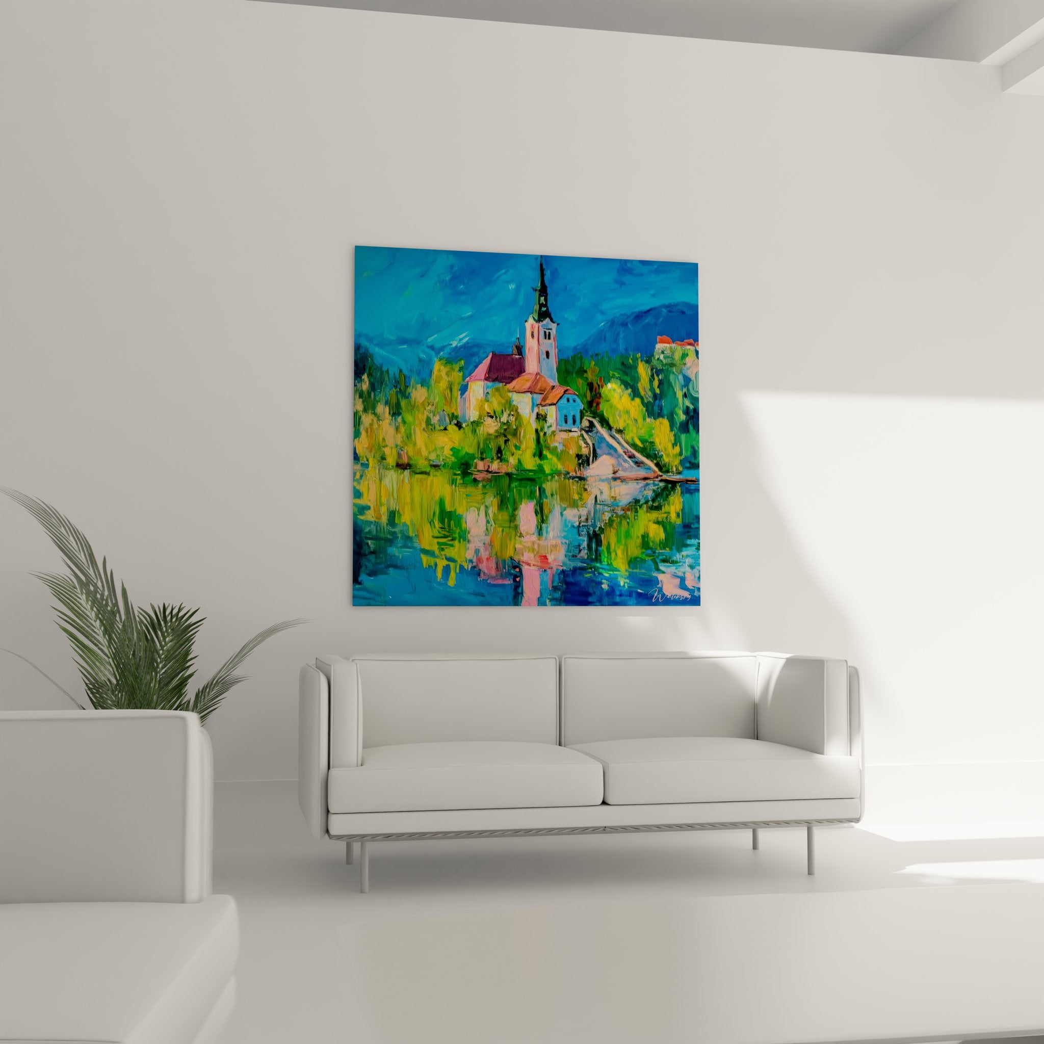 Gros plan détail tableau église lac reflets peinture impressionniste couleurs vives