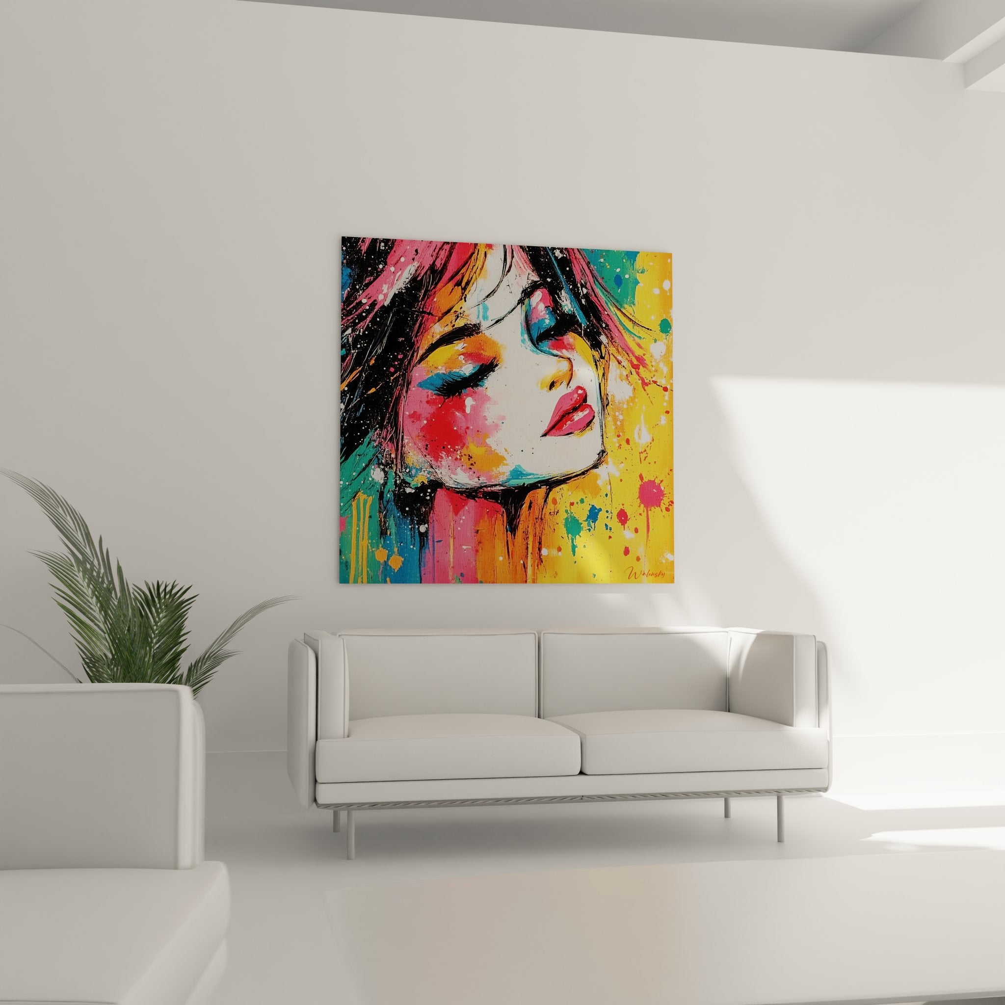 Gros plan détail tableau abstrait portrait féminin avec couleurs vives et techniques peinture expressives