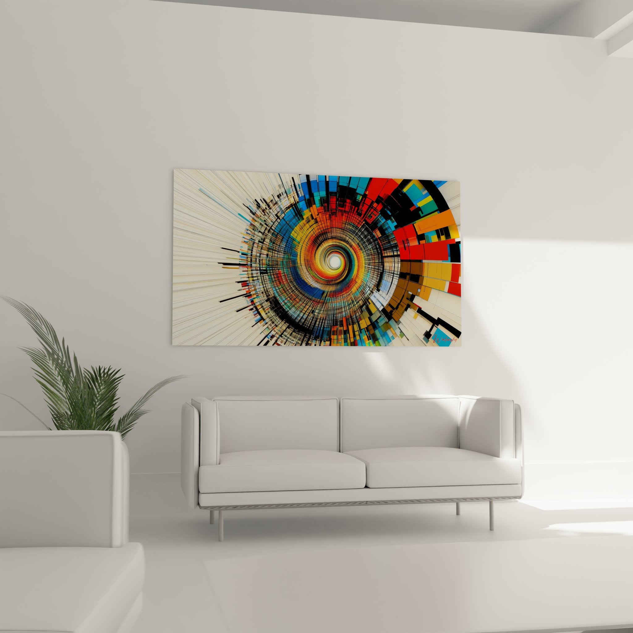 Gros plan détail tableau spirale abstraite tunnel digital motifs géométriques colorés