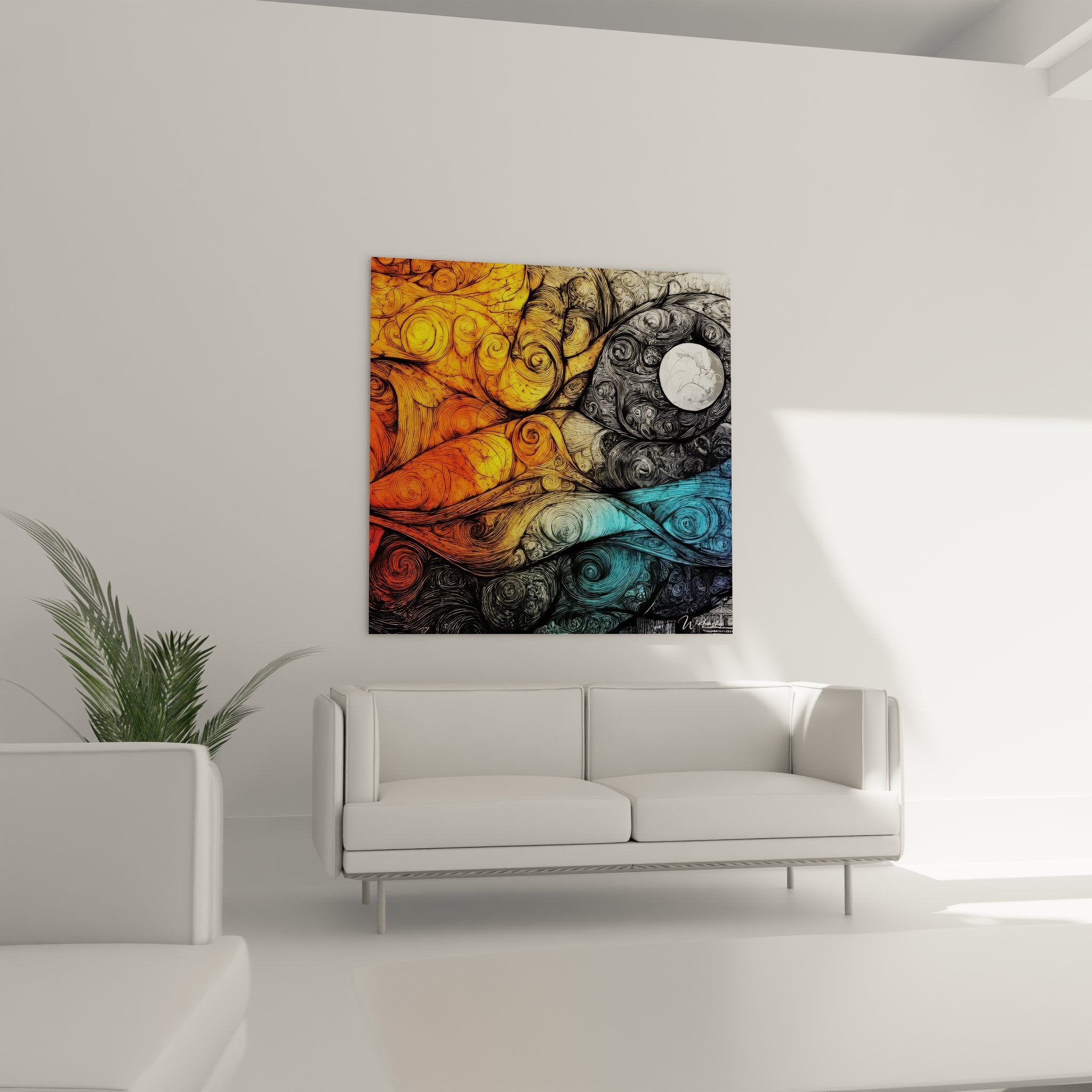 Gros plan détail tableau dessin spirales cosmiques montrant textures et nuances colorées subtiles