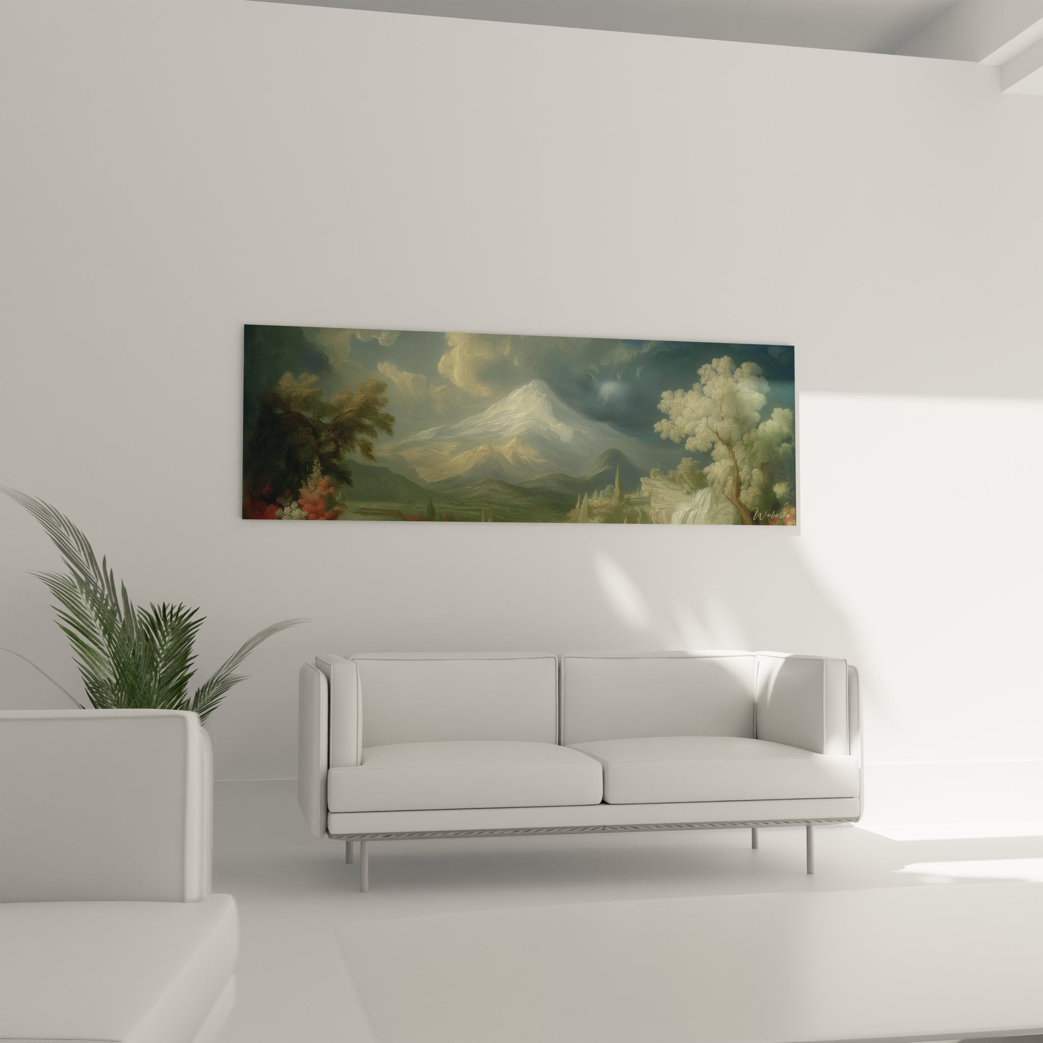 Détail gros plan tableau volcan montrant texture peinture et nuances coloris paysage romantique