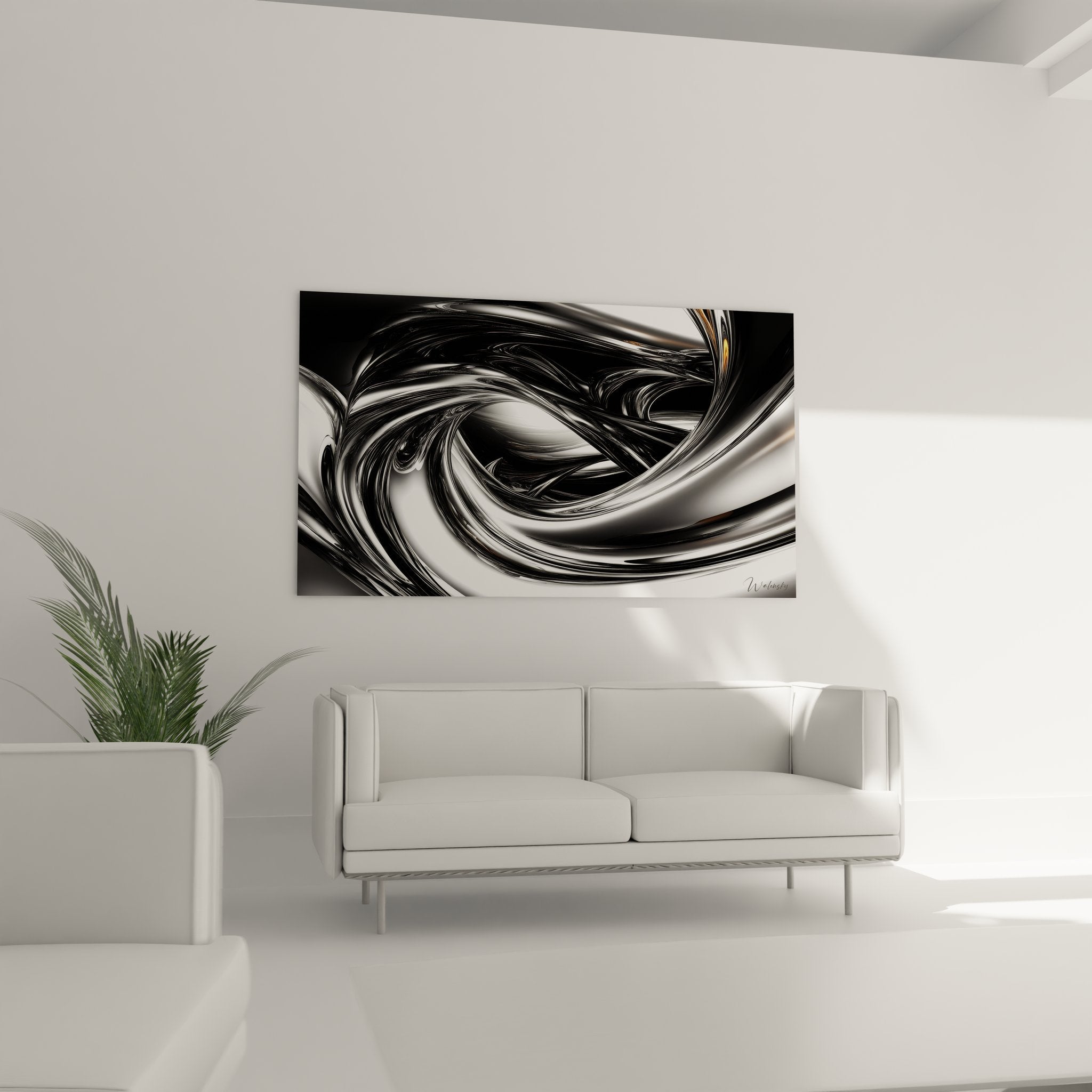 Gros plan détail tableau spirale métallique, reflets argentés et courbes fluides art abstrait moderne