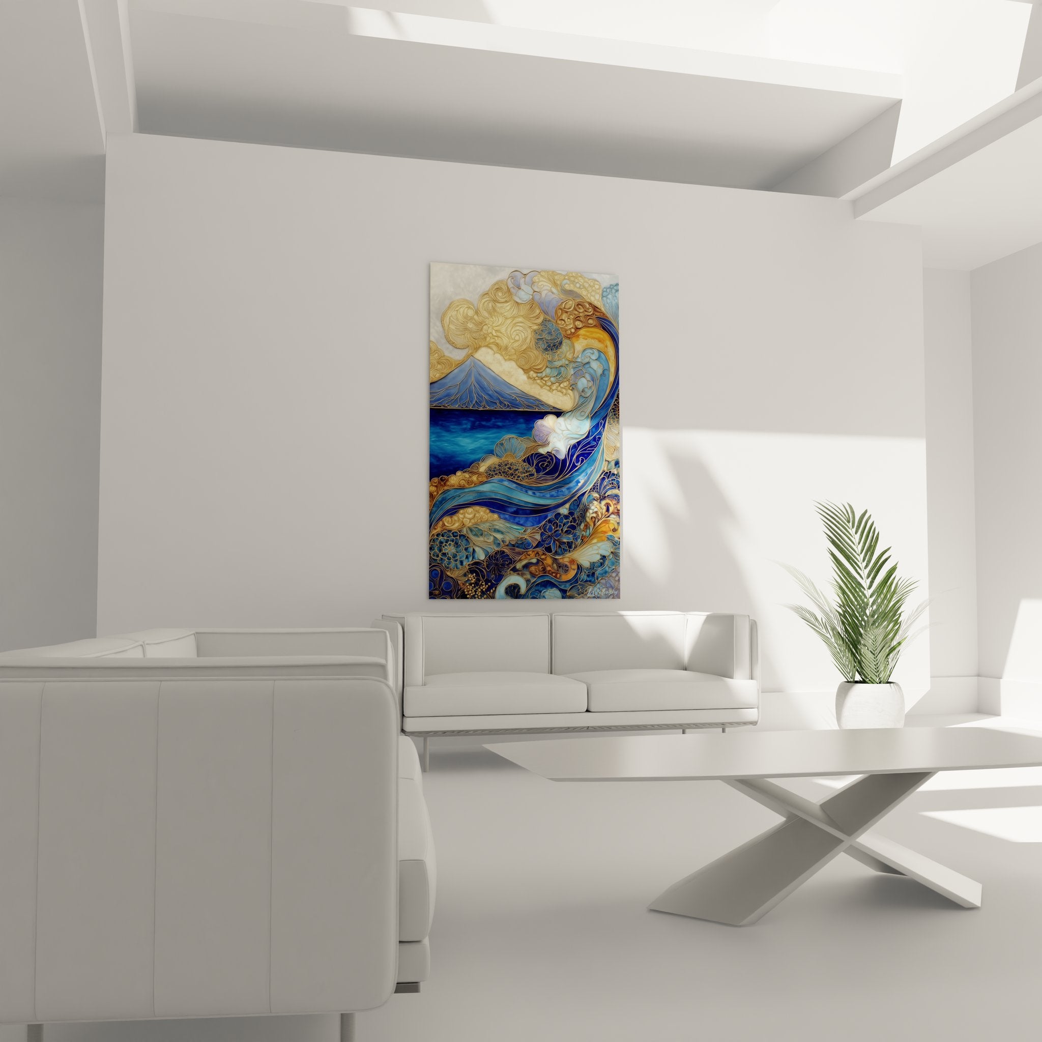 Détail gros plan tableau vague art nouveau, motifs ornementaux dorés et spirales décoratives style japonisant