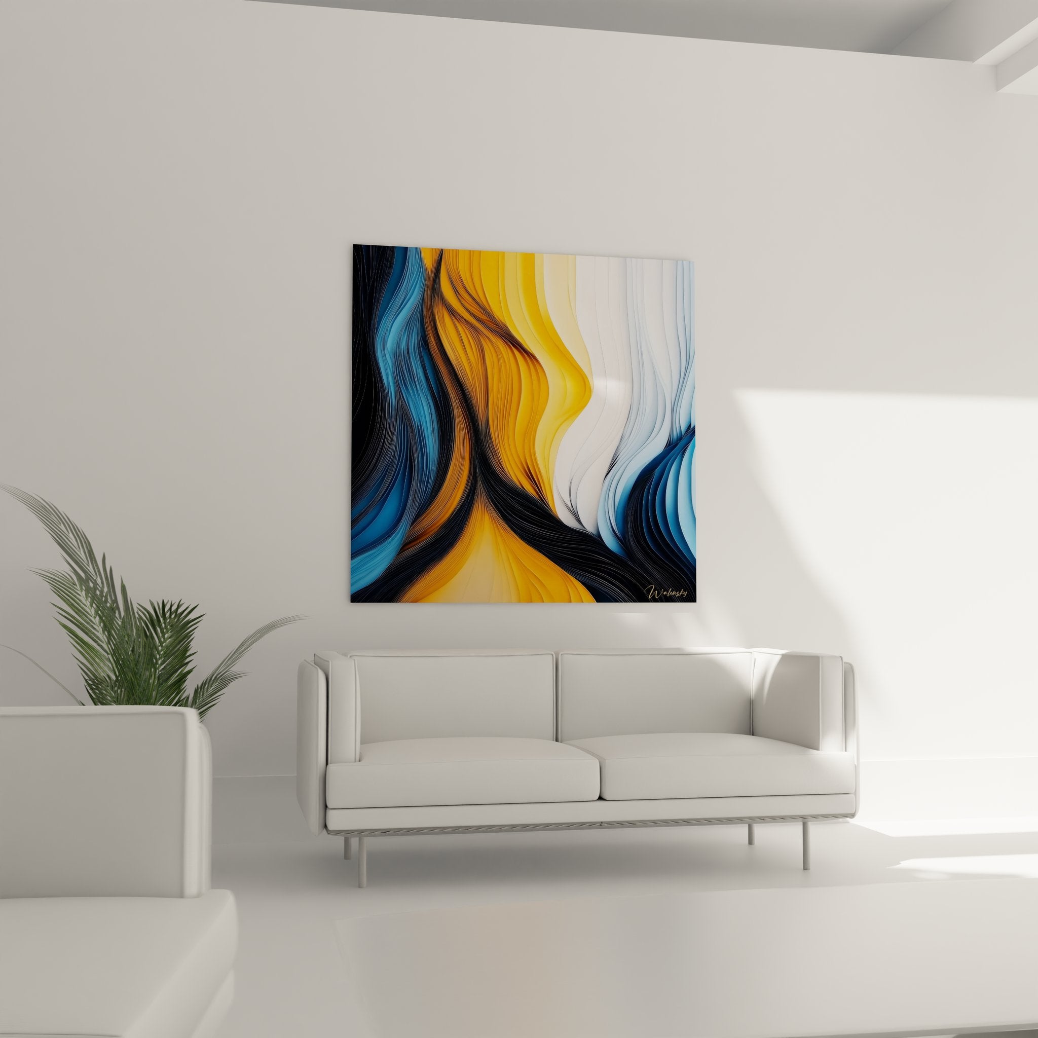 Gros plan détail tableau vagues fluides abstraites texture moderne art contemporain couleurs