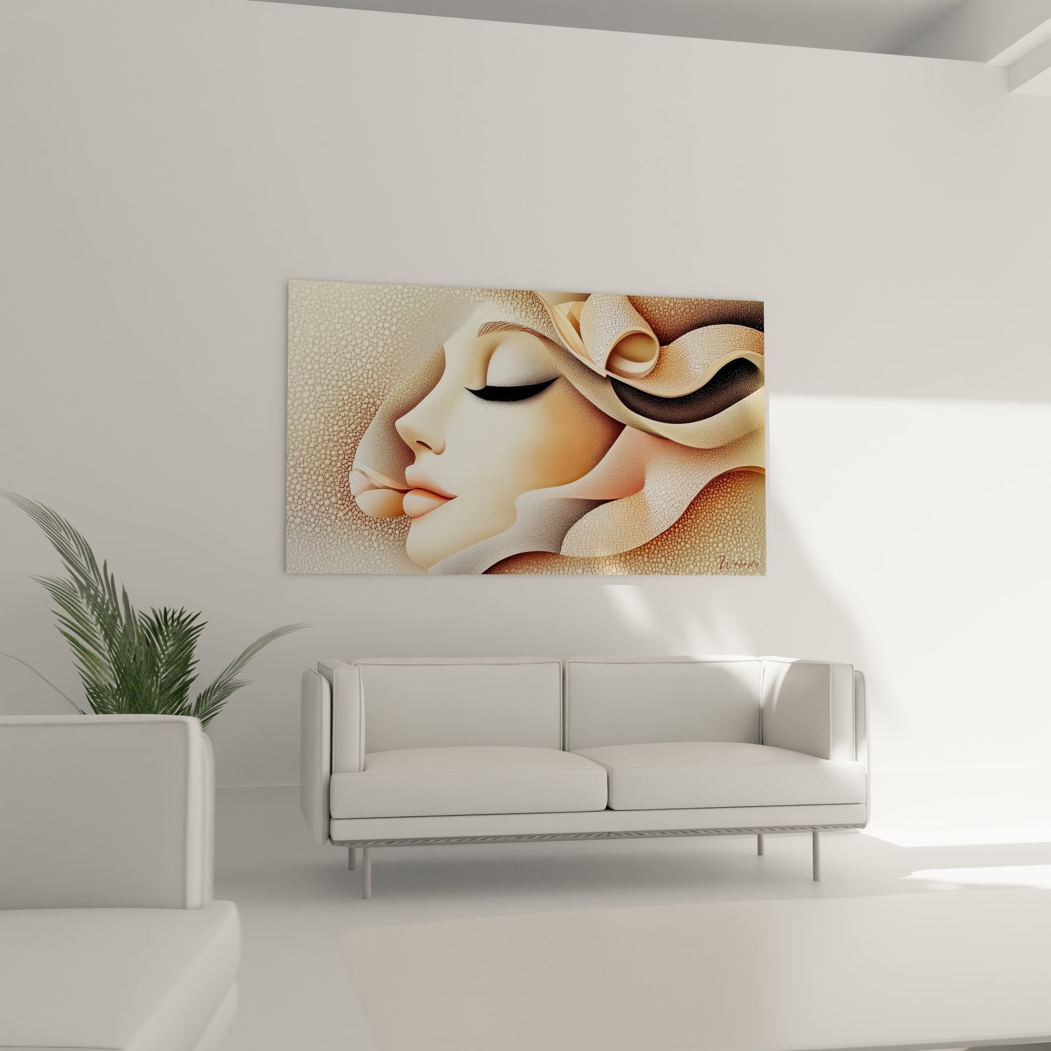 Détail gros plan tableau visage féminin abstrait rubans dorés textures artistiques