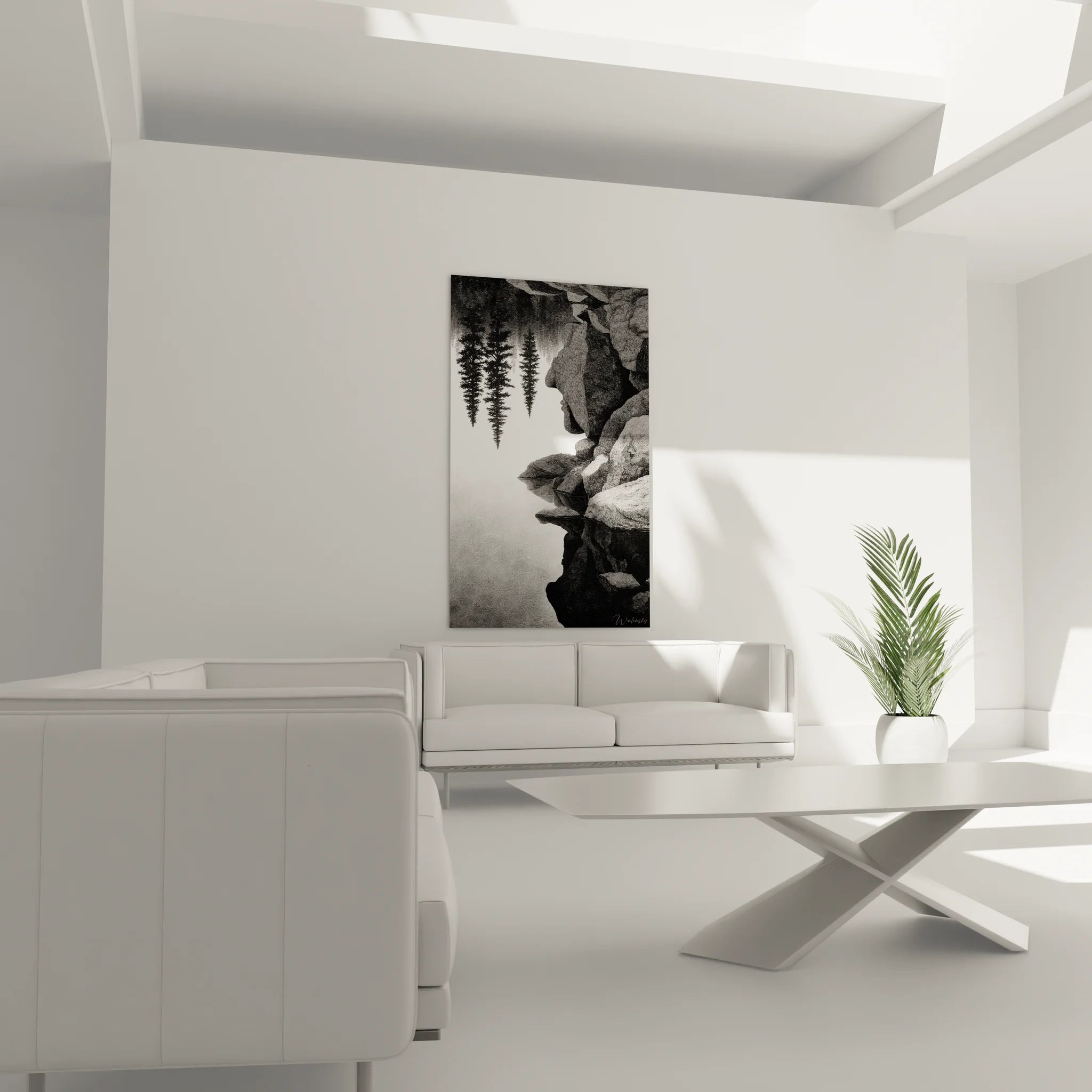 Détail tableau grotte, textures rocheuses et reflets d'eau en noir et blanc, technique gravure fine