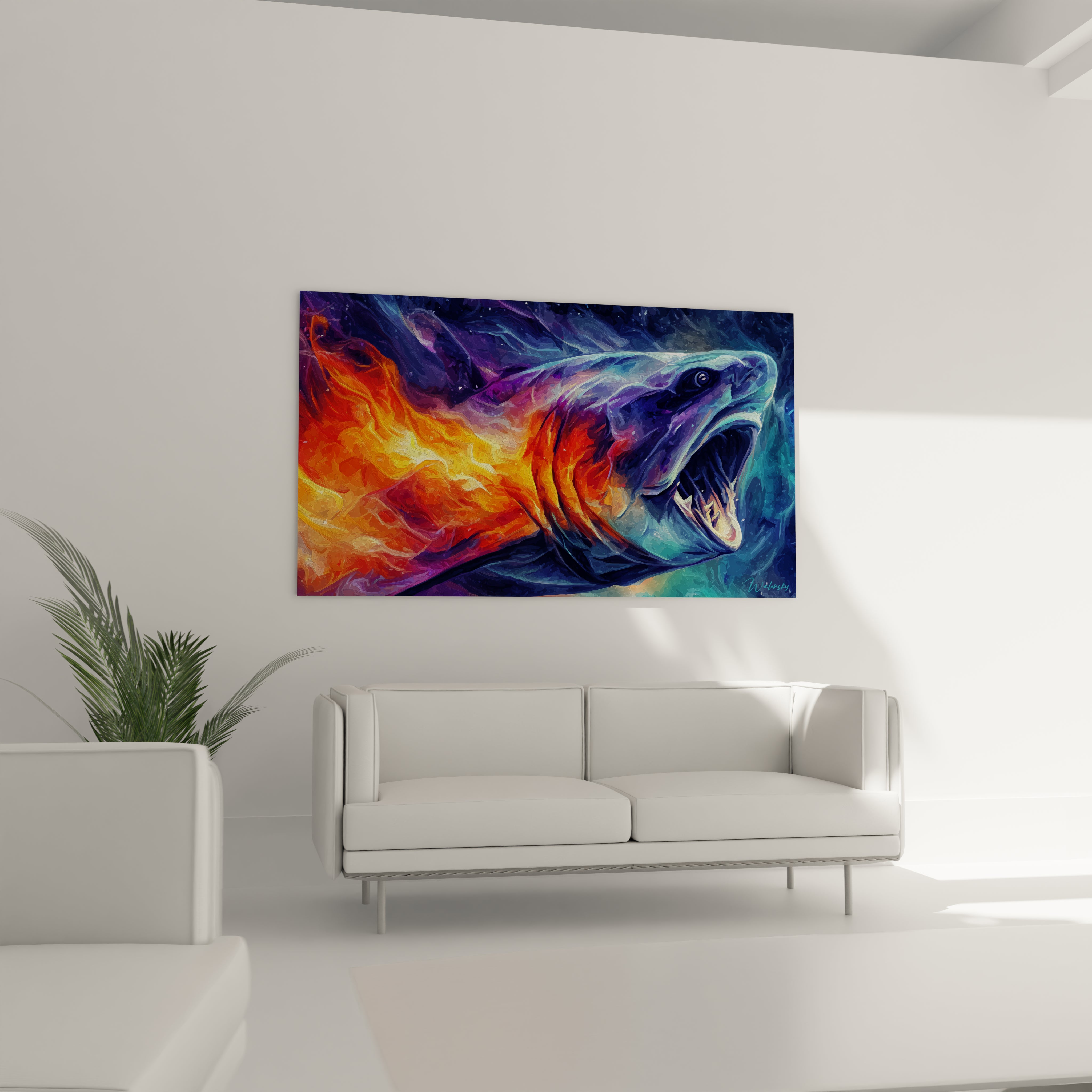 Gros plan tableau Dunkleosteus montrant détails gueule prédateur et flammes colorées orange rouge