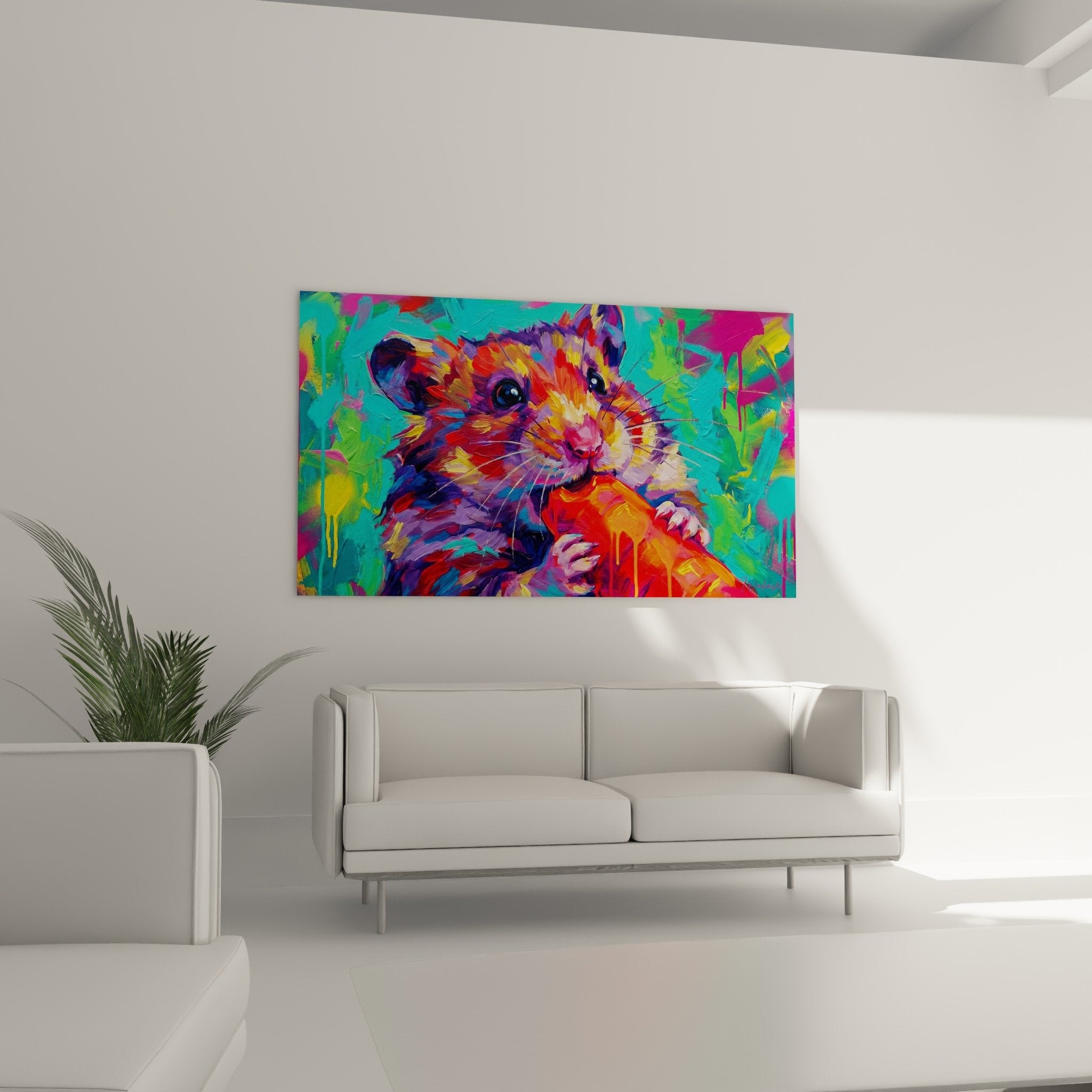 Detail expressives Hamster-Gemälde lebendige Farben Orange Violett Türkis zeitgenössische Kunst
