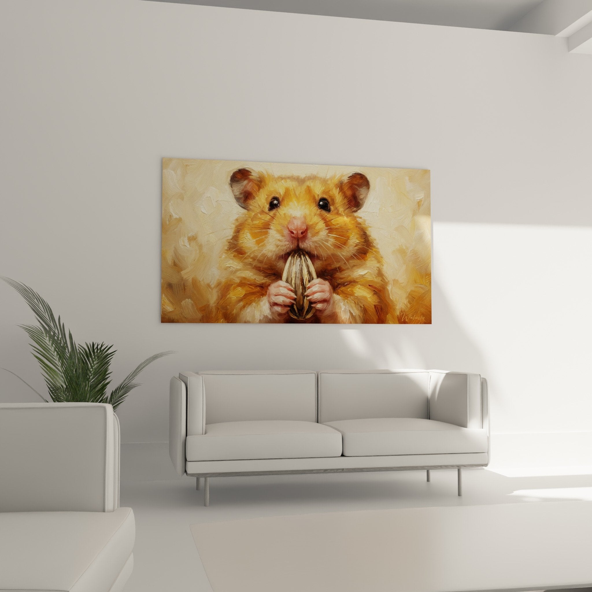 Hamster-Gemäldedetail mit goldenem Fell, Textur von Pinselstrichen, rosa Pfoten, Samen, künstlerischer Realismus, warme Töne