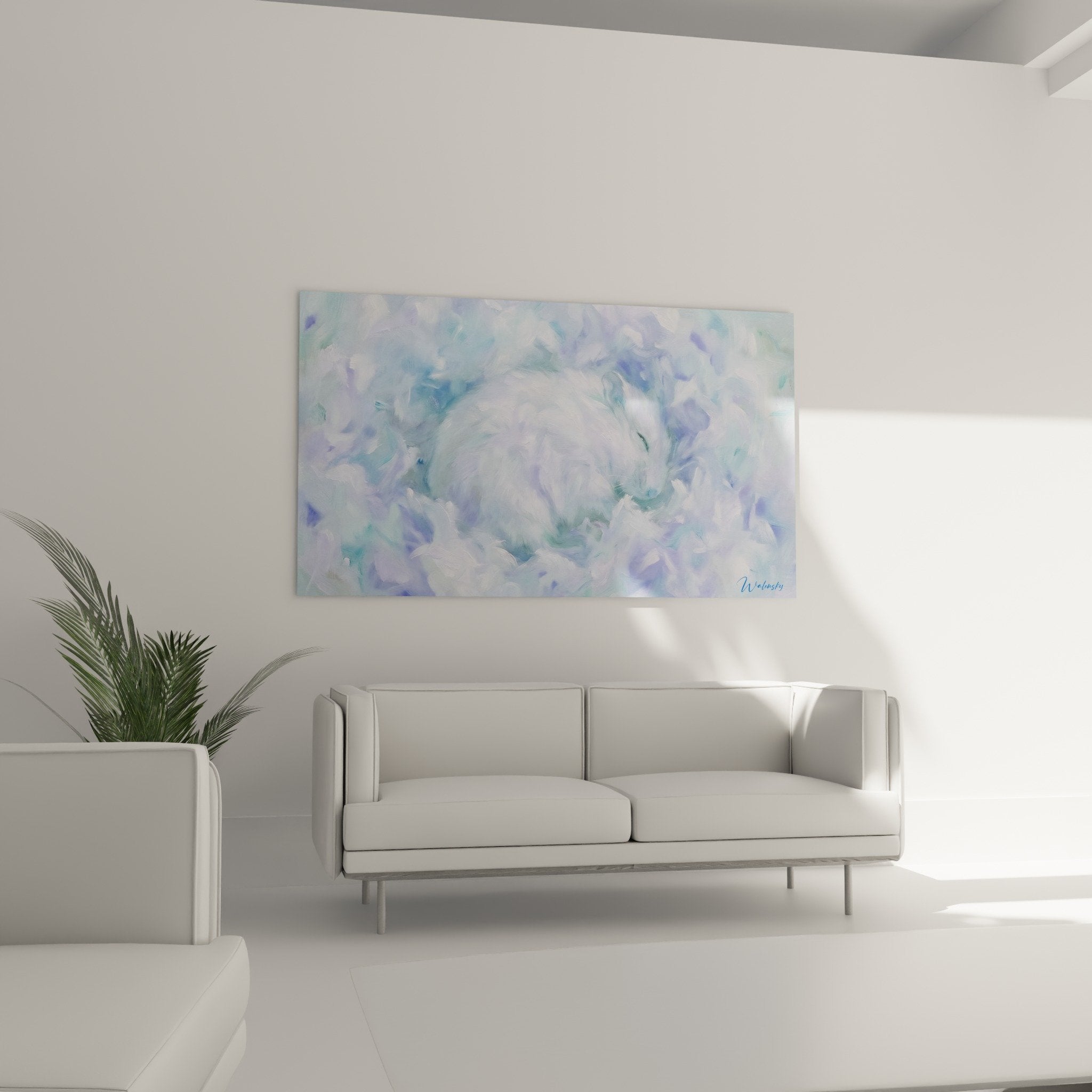 Detailansicht Hamster-Gemälde impressionistischer Pinseltechnik Pastellfarben Blau Flieder Aqua