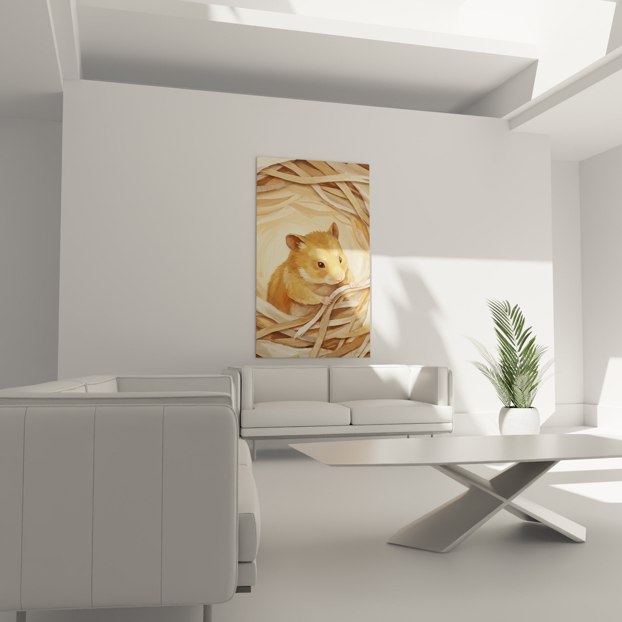 Detail Hamster mit schwarzen Augen goldenes Karamellhaar verflochtene Zweige natürliche organische Textur