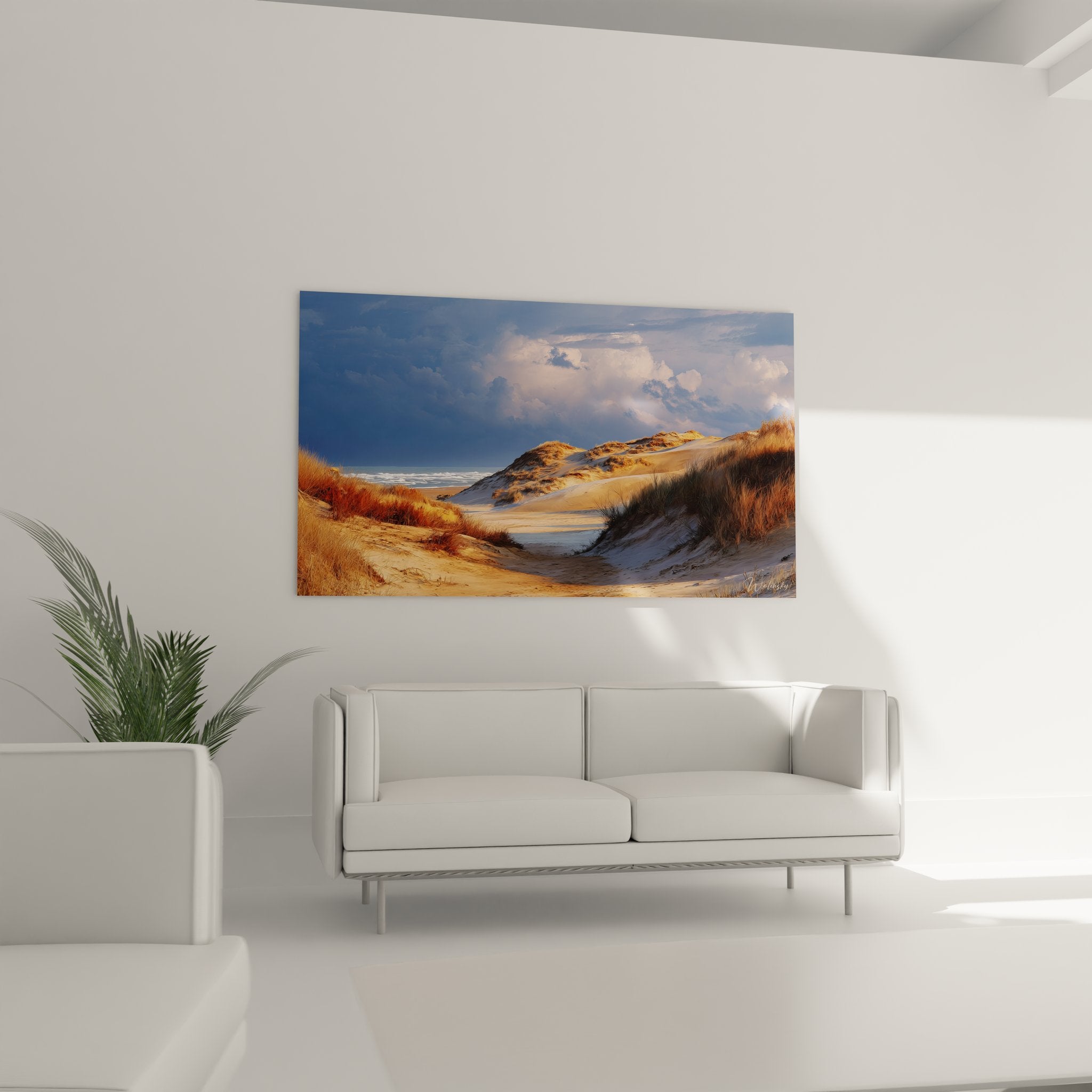 Détail tableau herbes dunes dorées et textures sable fin peinture bord de mer