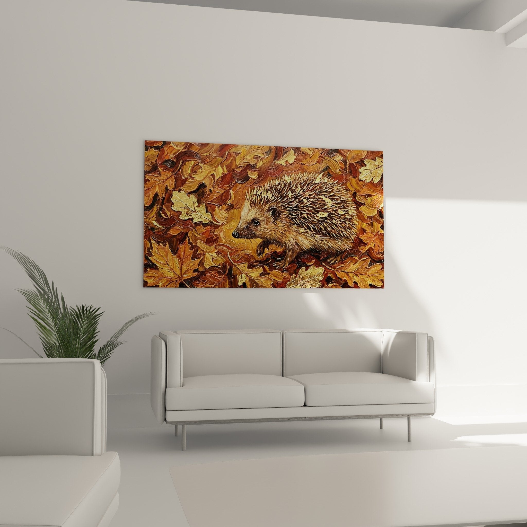Detailmalerei Igel vergoldete Stacheln Herbstblätter Textur Impasto