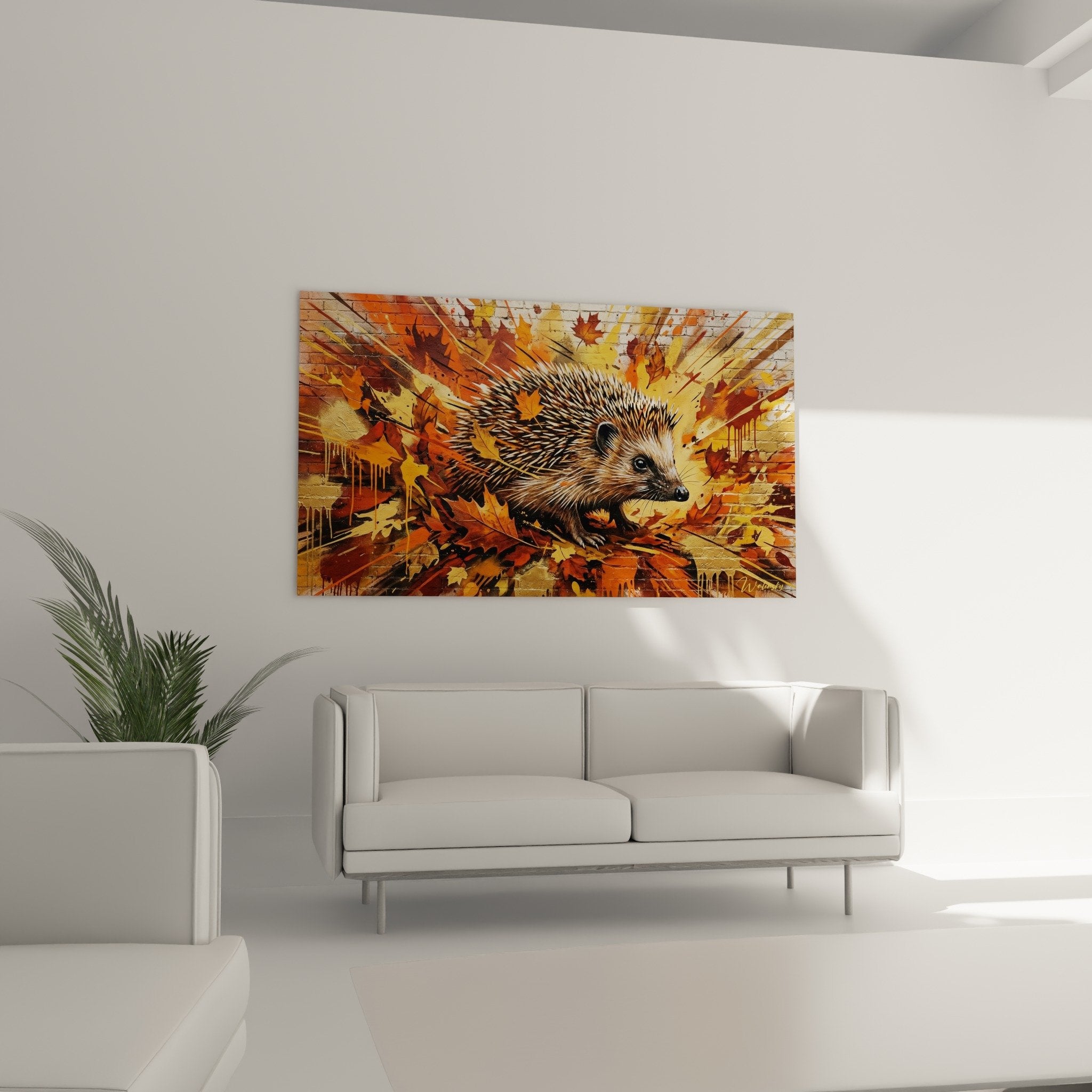 Igel-Details stachelige Textur Backsteinexplosion orange gelbe Farben Street Art