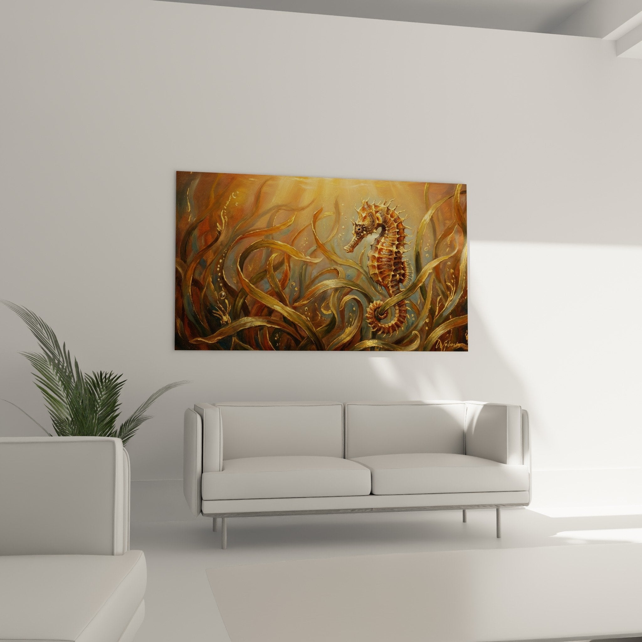 Détail hippocampe peint couleurs dorées textures fluides algues courbes organiques